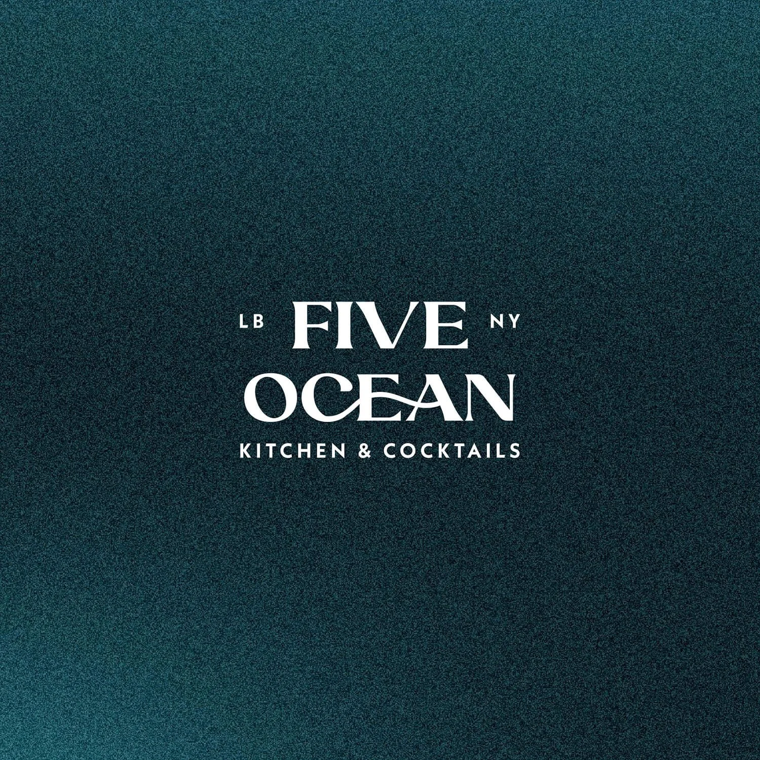 Dark textured background with white text reading 'FIVE OCEAN' in large font, with smaller text above and below indicating locations and type of business, 'LB NY' and 'KITCHEN & COCKTAILS'.