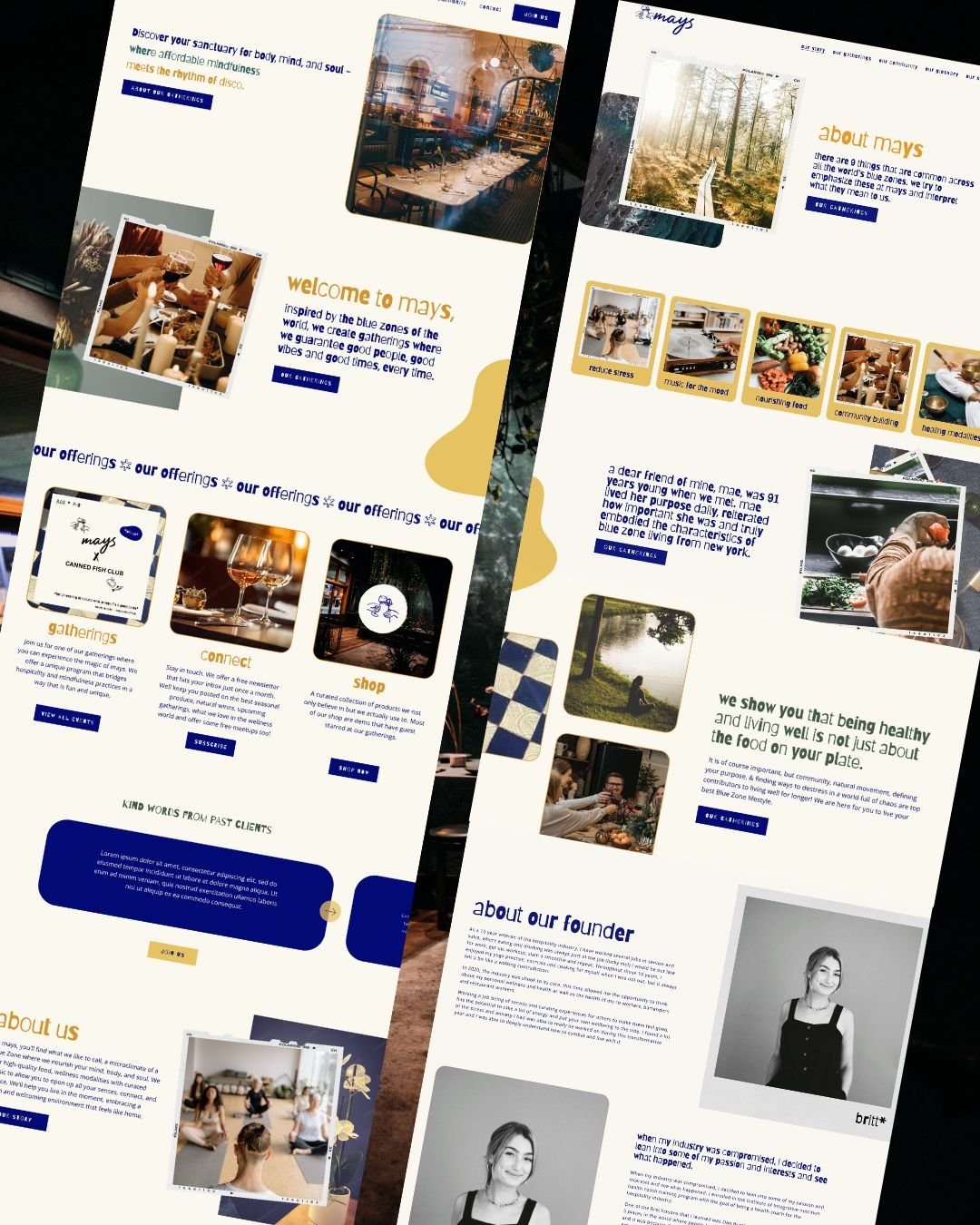Screenshots of a website for Mays, a community organization focused on health, wellness, and community activities, featuring sections about their offerings, gatherings, shop, and founder.