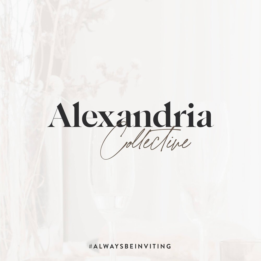 Text overlay on a light background reads 'Alexandria Collective' with a hashtag '#AlwaysBeingInviting' at the bottom.