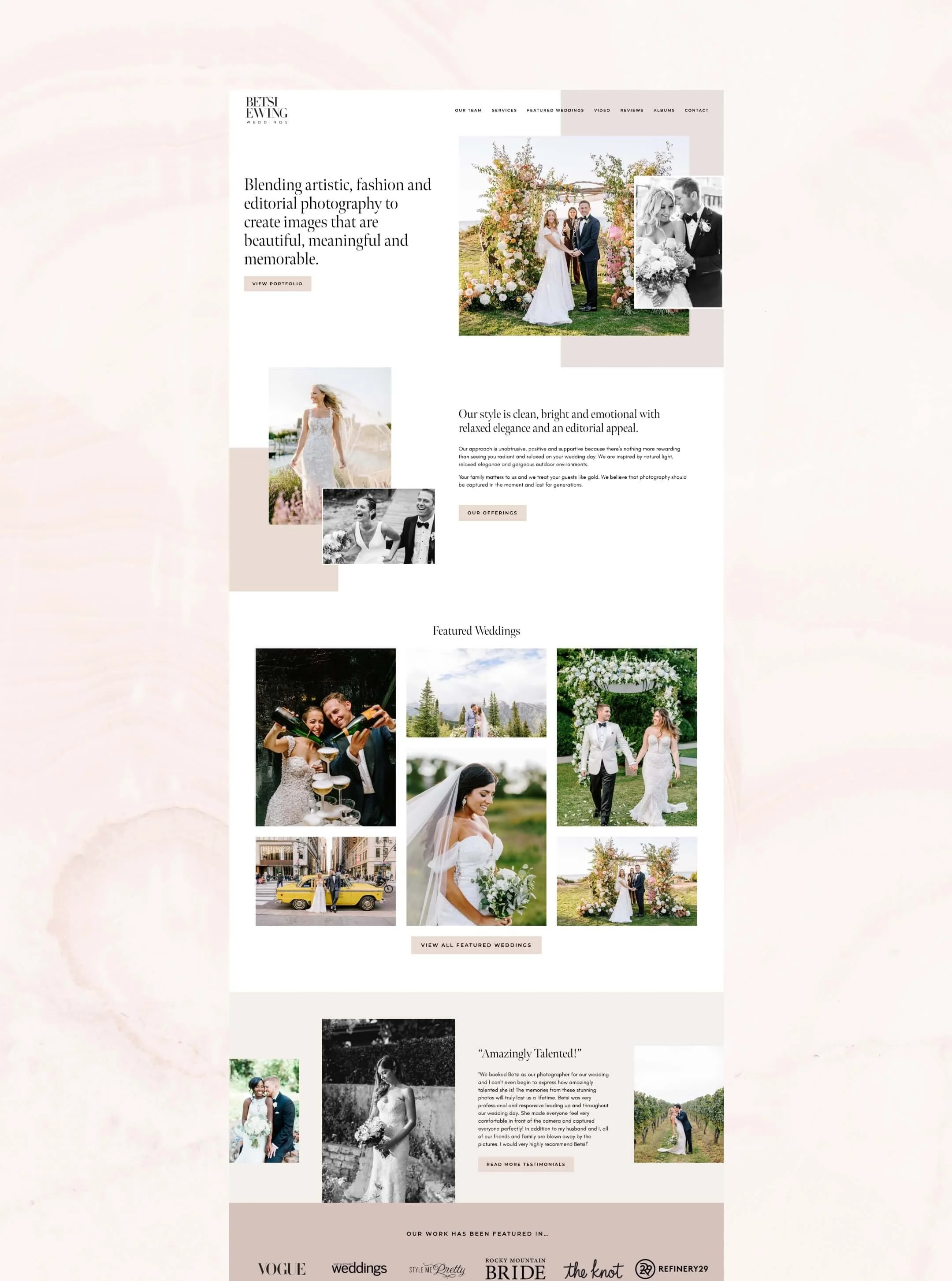 Wedding photography website homepage featuring images of brides, grooms, wedding scenes, and a floral arch.