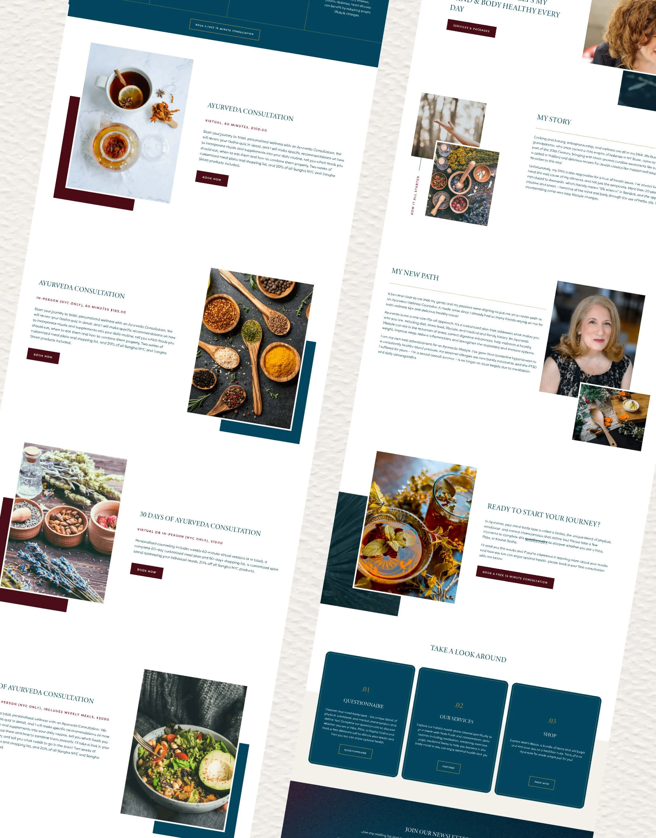 Sample of a website layout for an Ayurveda consultation service, showing images of spices, herbal teas, and healthy food, with multiple sections including story, pathways, services, and call-to-actions.