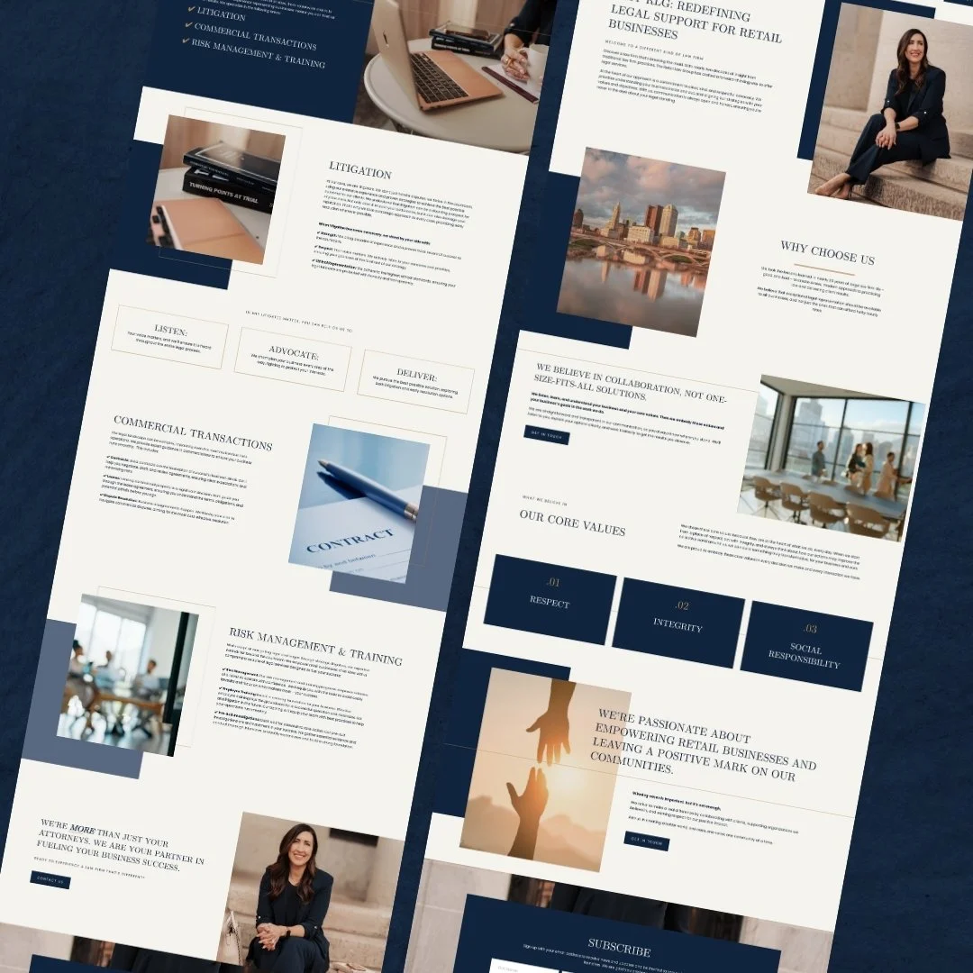 Two professional flyers for a legal or business consulting firm, featuring images of a cityscape, office scenes, a contract, and a woman in professional attire, with sections about legal support, core values, and services.