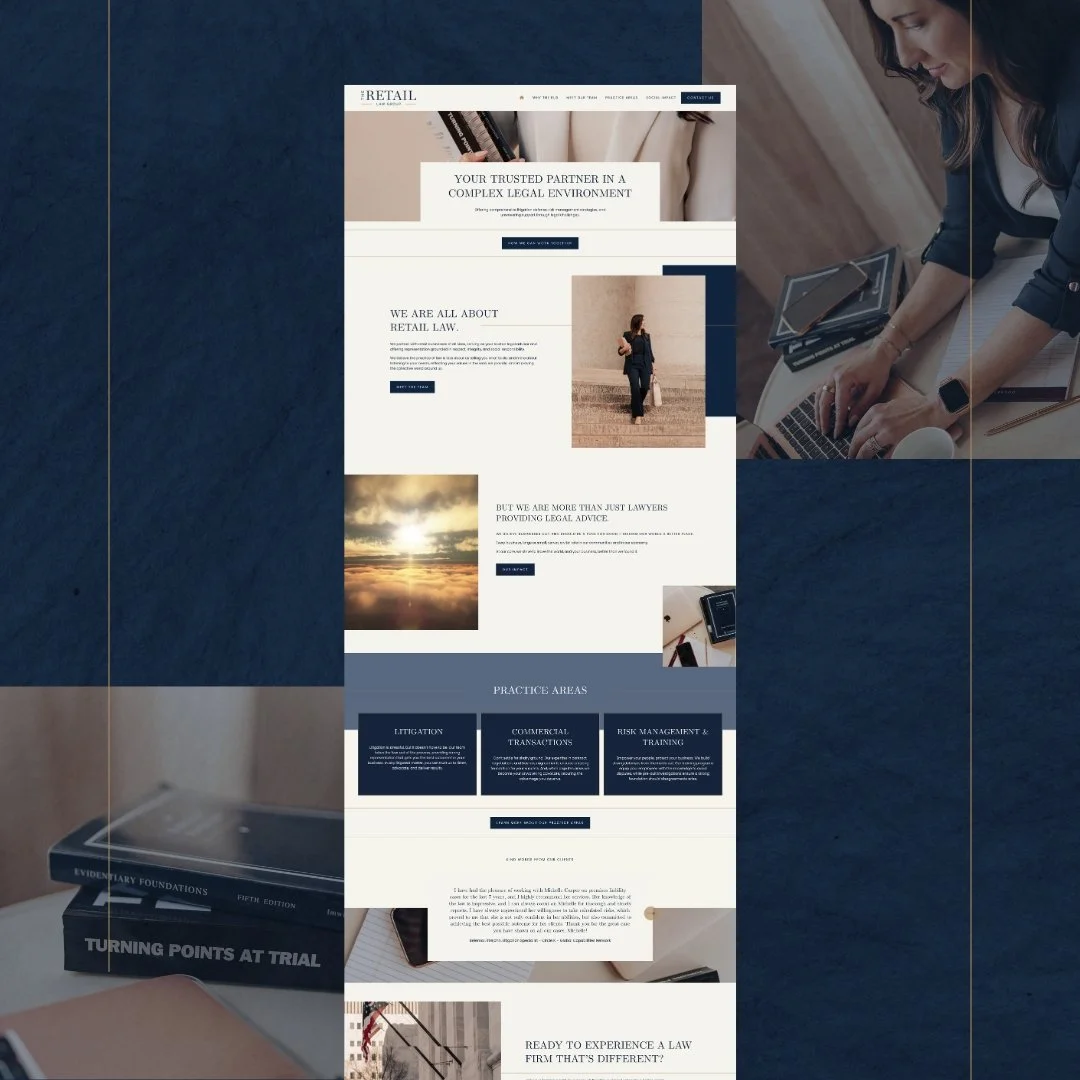 Screenshot of a law firm's website with a professional design, featuring text about retail law and practice areas such as litigation, commercial transactions, and risk management.