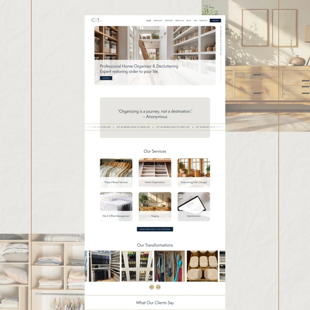 Screenshot of a website offering professional home organizing and decluttering services, with sections for services, transformations, and client testimonials.