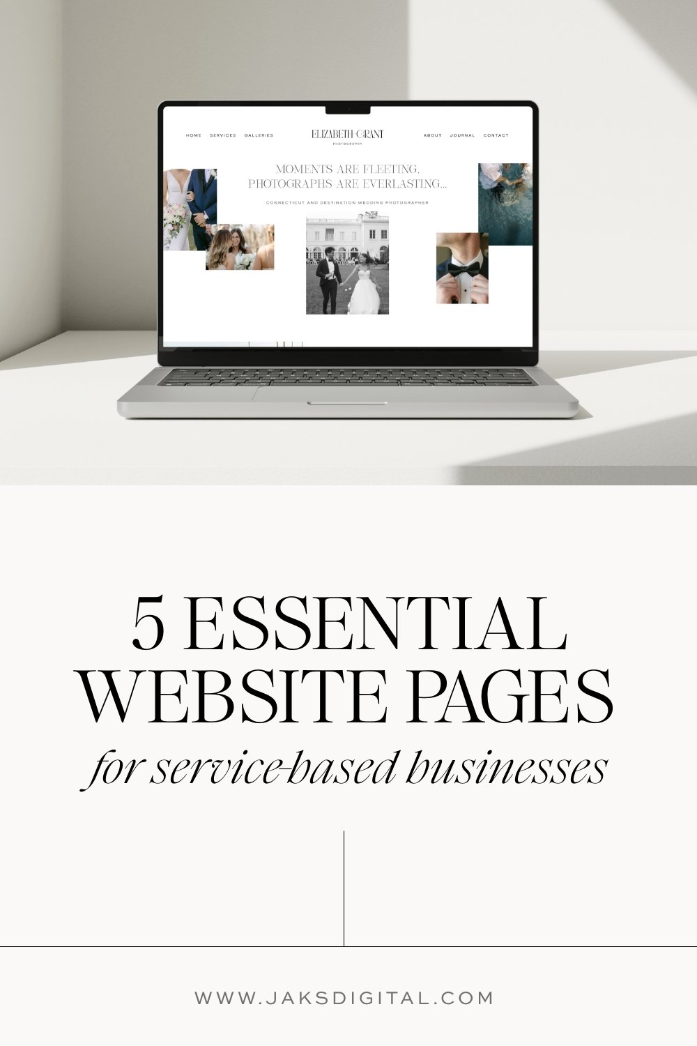 shareable graphic for 5 essential website pages for service based businesses blog post