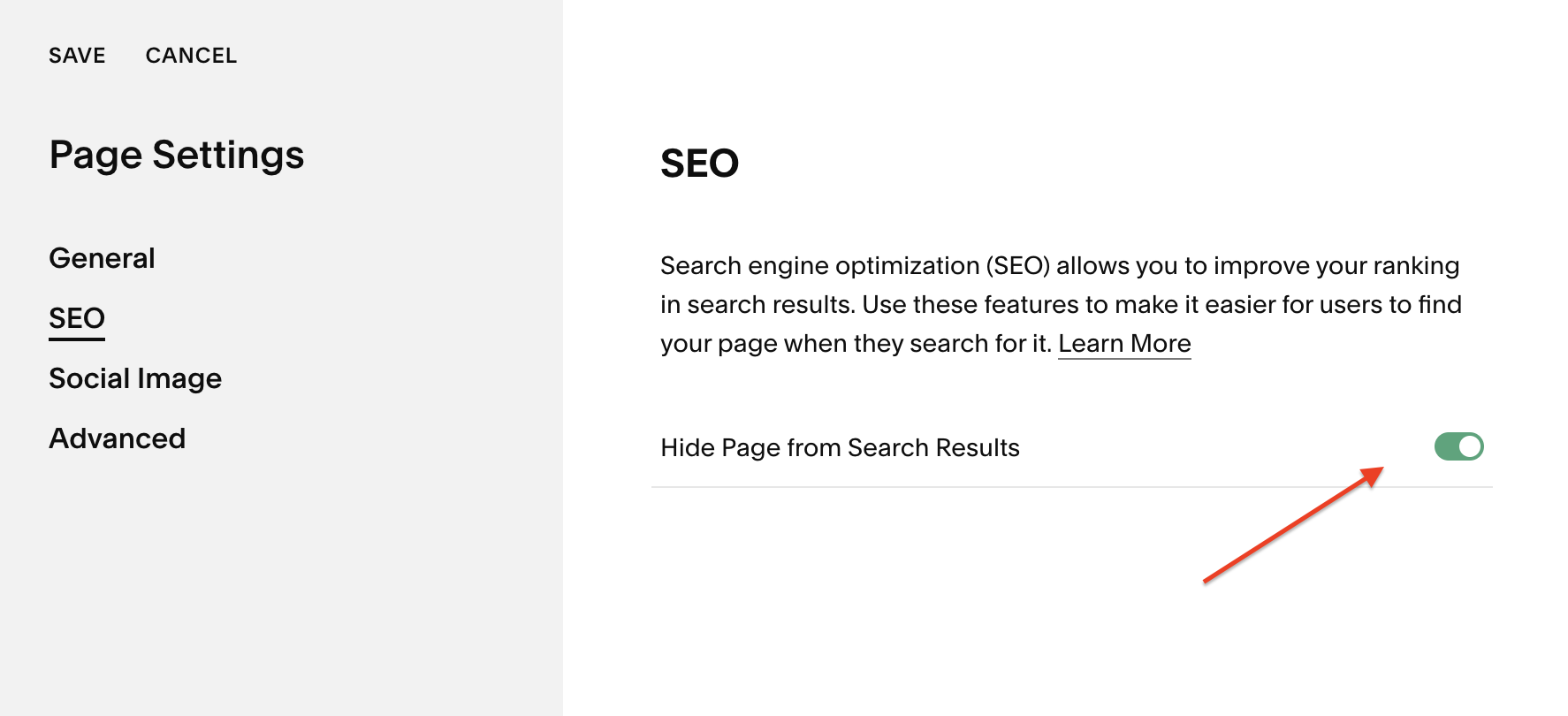 where to change seo page settings in squarespace