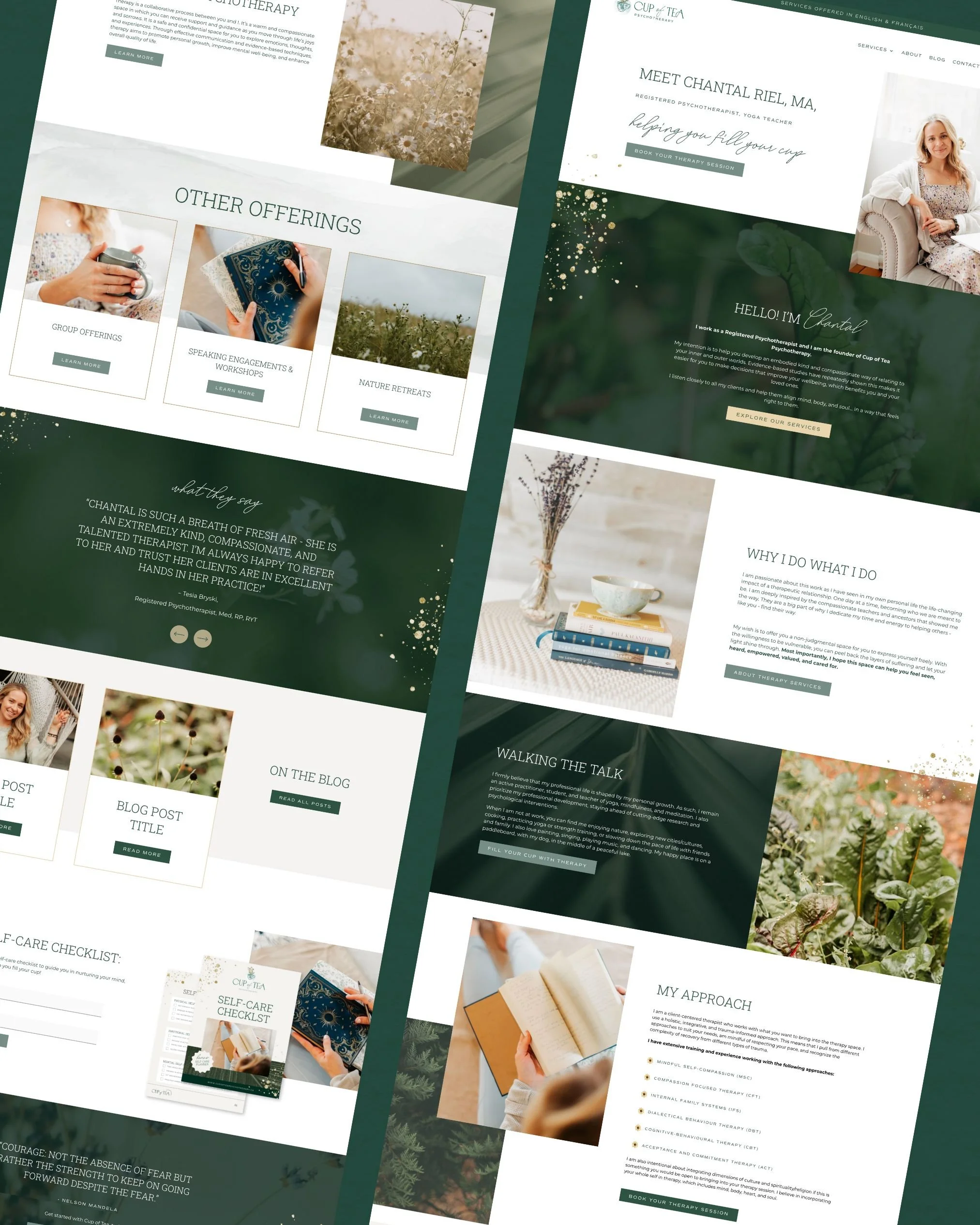 Web page of a therapy or counseling service featuring a profile of therapist Chantal Riel MA, with sections on services, blog posts, offerings like group therapy, nature retreats, and speaking engagements, and an inspirational quote about courage.