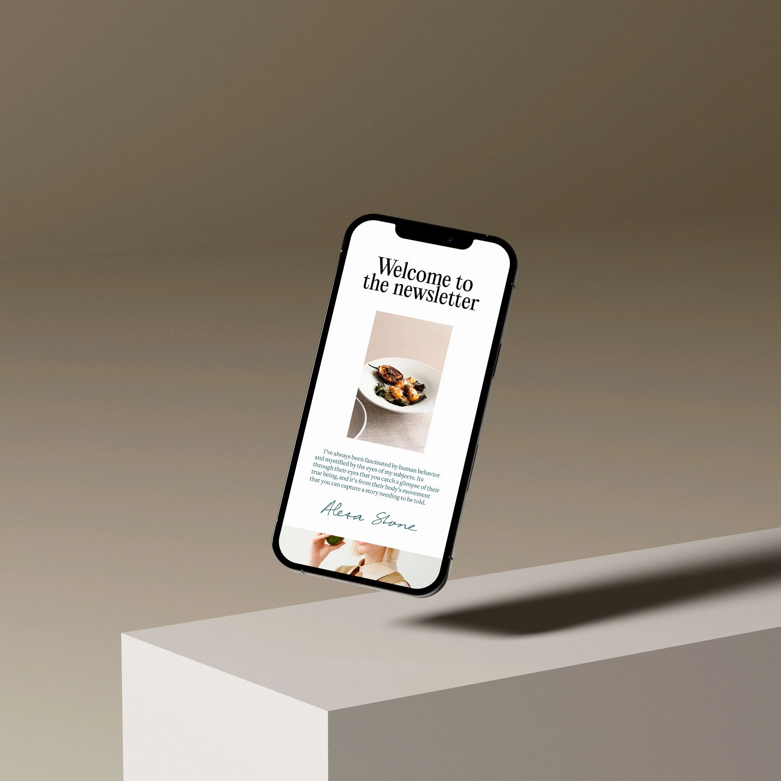 Mobile phone with a newsletter displaying a dish of food, welcoming message, and signature, floating above a white pedestal.