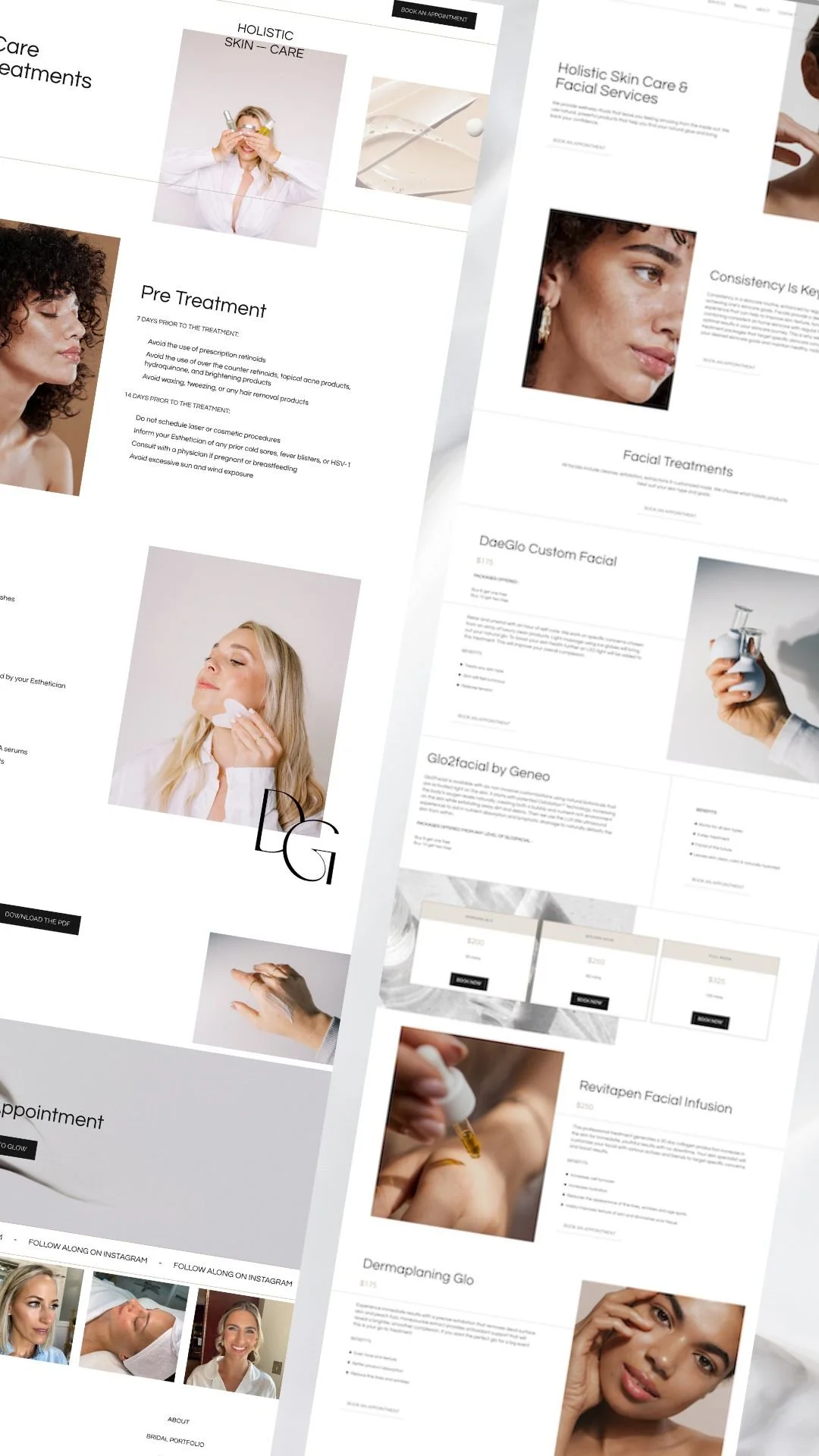 A webpage showing a holistic skin care and facial service treatment menu with images of women receiving skincare treatments and applying products, as well as details about facial procedures and booking options.