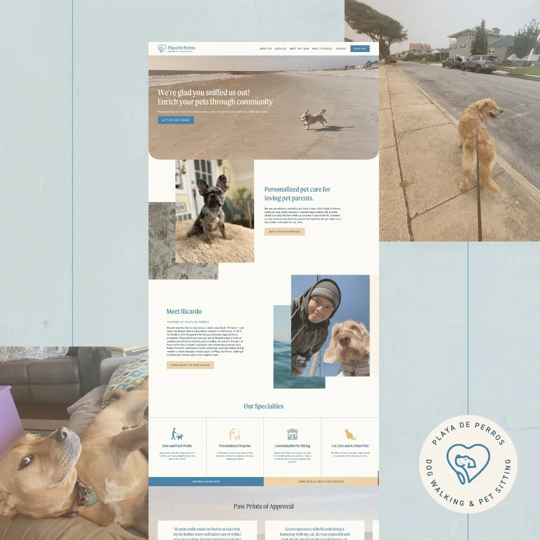 A website homepage for a pet care service featuring a dog on the beach, a dog sitting on a couch, and a person with a dog. The page includes sections about the company's services, a team member profile, and a logo with a dog and heart icon.