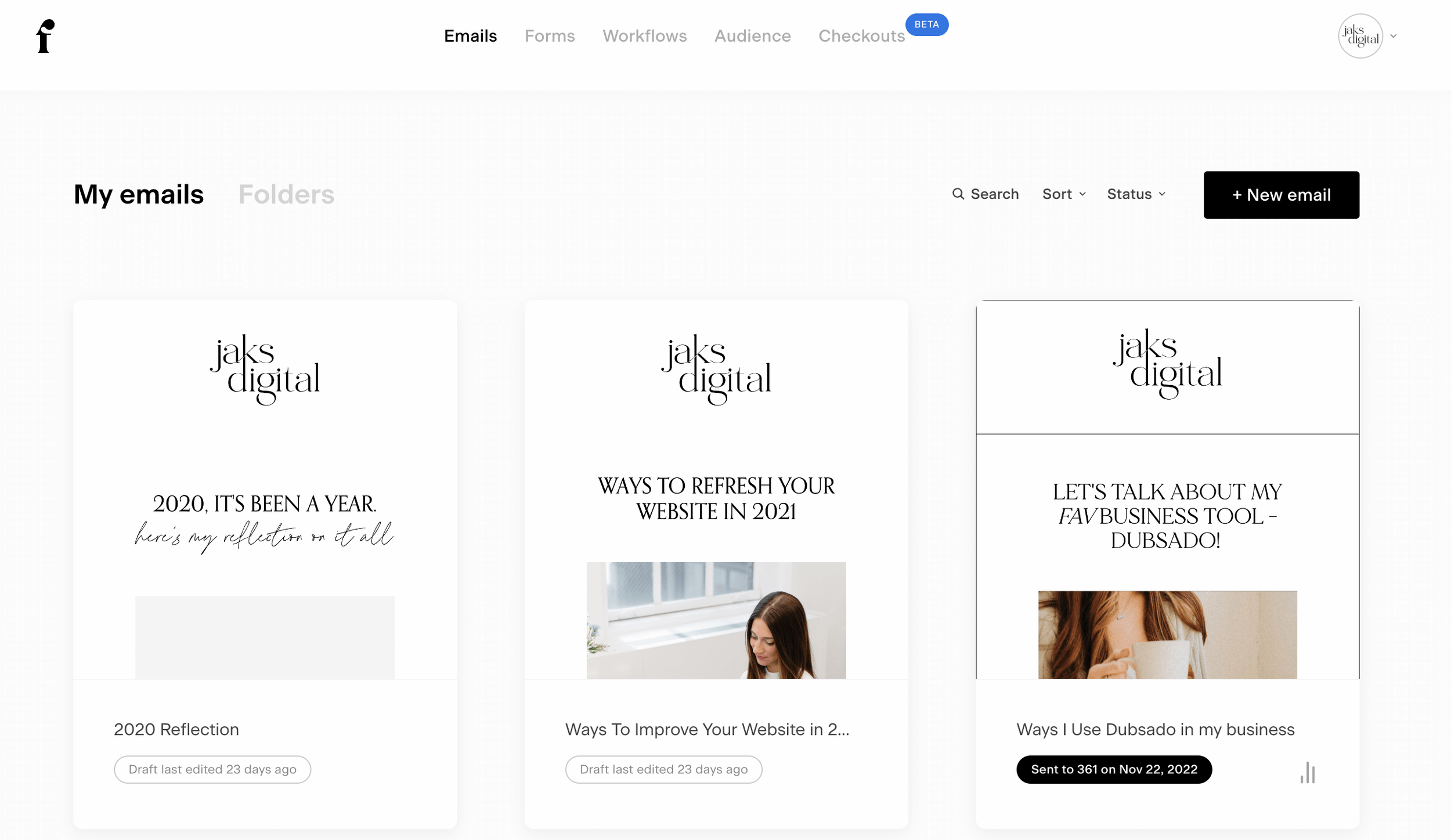 Screenshot of a digital email management platform showing three email cards with titles related to business and website improvement, a black '+ New email' button, menu options including Emails, Forms, Workflows, Audience, Checkouts, and a header with site branding.