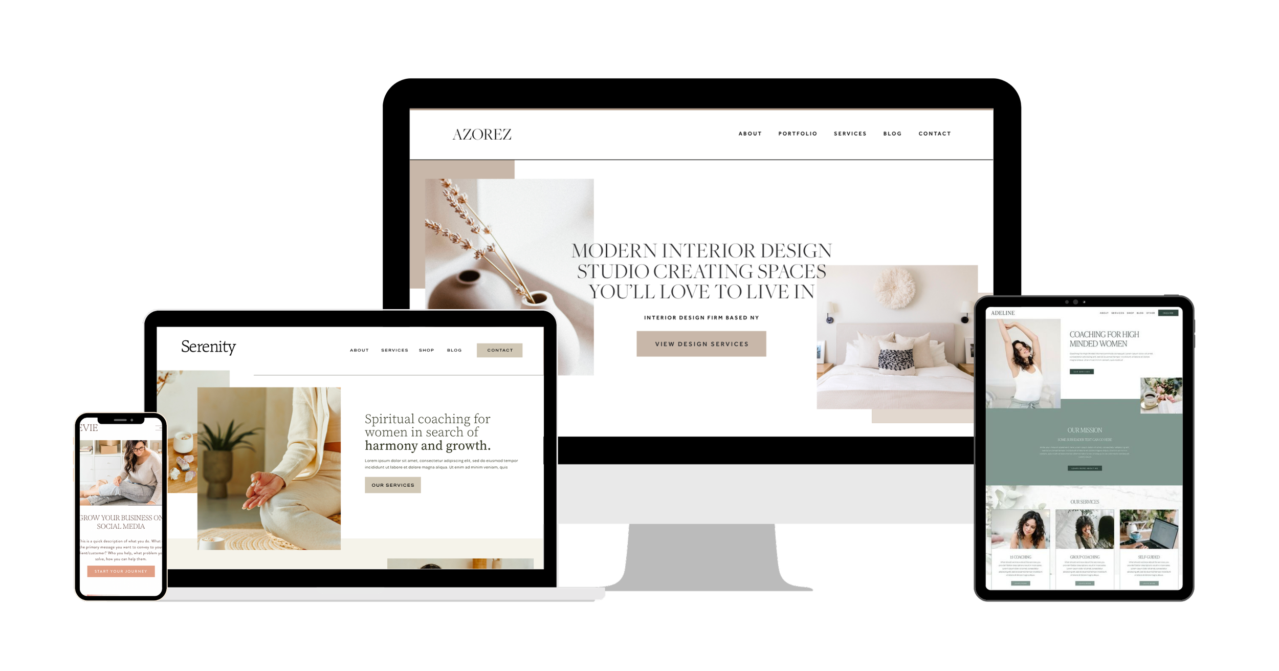 Collection of digital screens showing websites related to interior design, coaching, and social media, displayed on smartphone, laptop, and tablet against a black background.