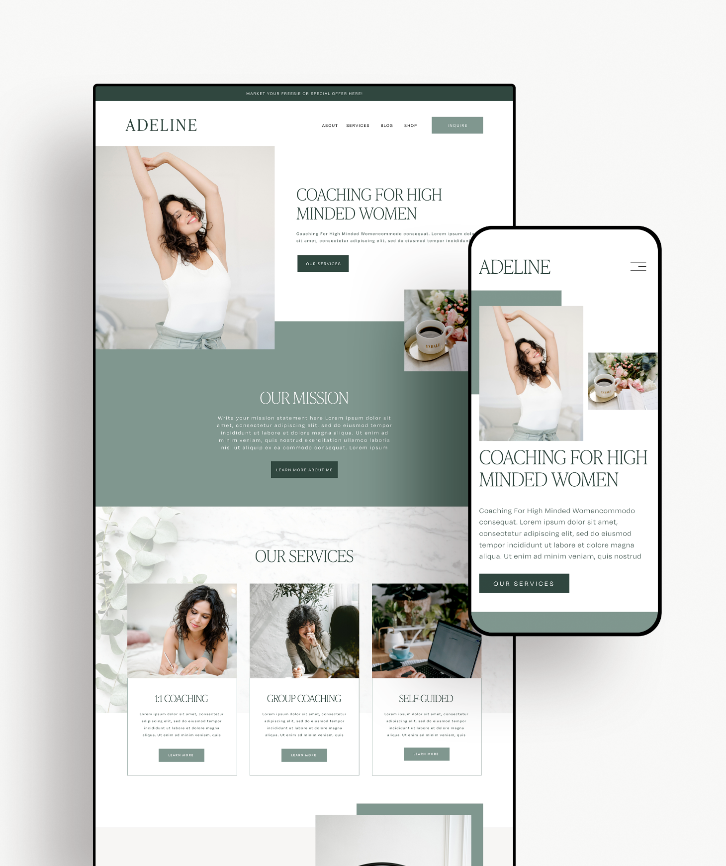 A website design for a coaching business, featuring a woman stretching or relaxing, with sections about services and mission, on both desktop and mobile views.