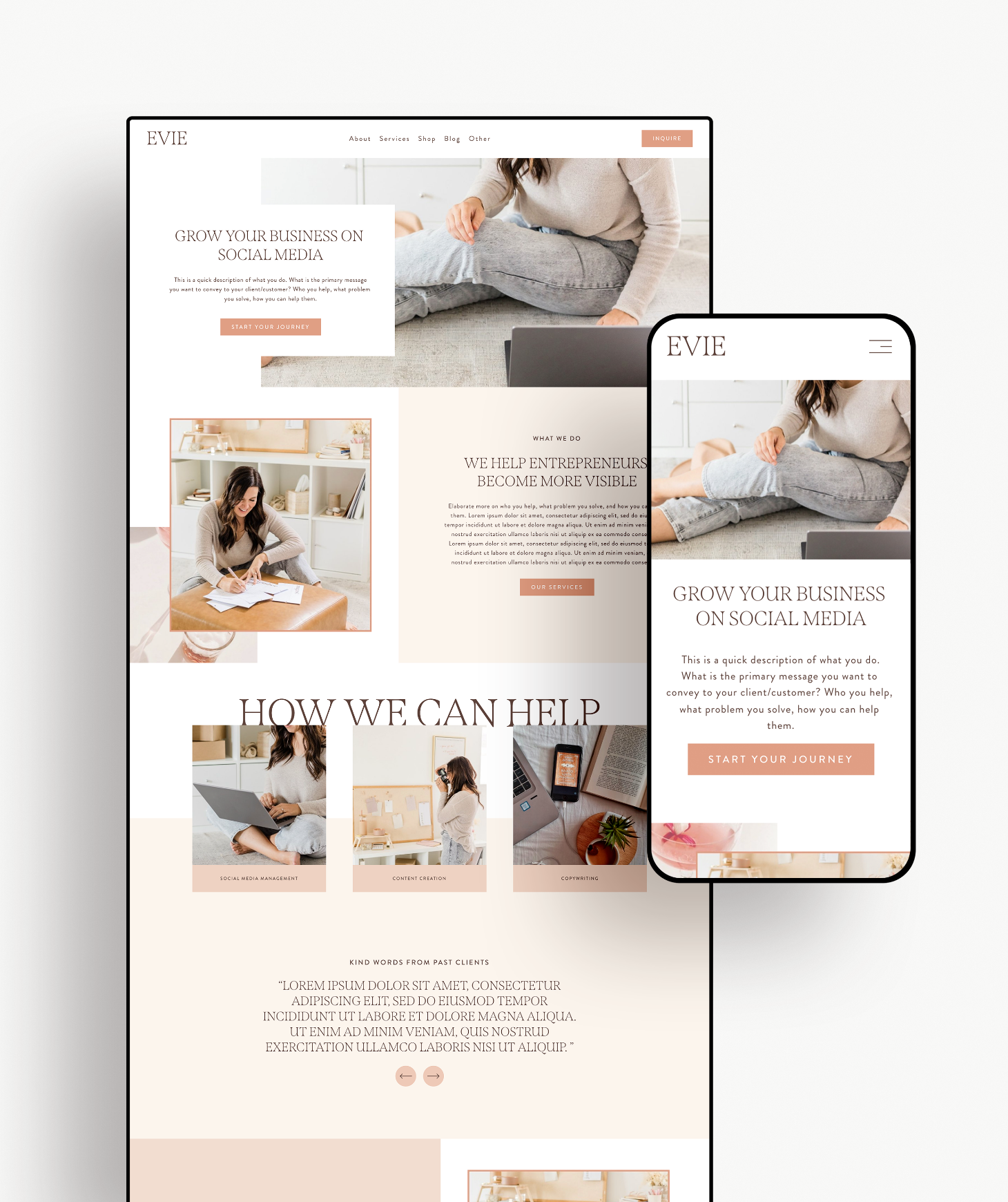 Website homepage and mobile view of a social media marketing service called EVIE, featuring images of a woman working on her laptop, planning, and creating content, with sections describing services offered.