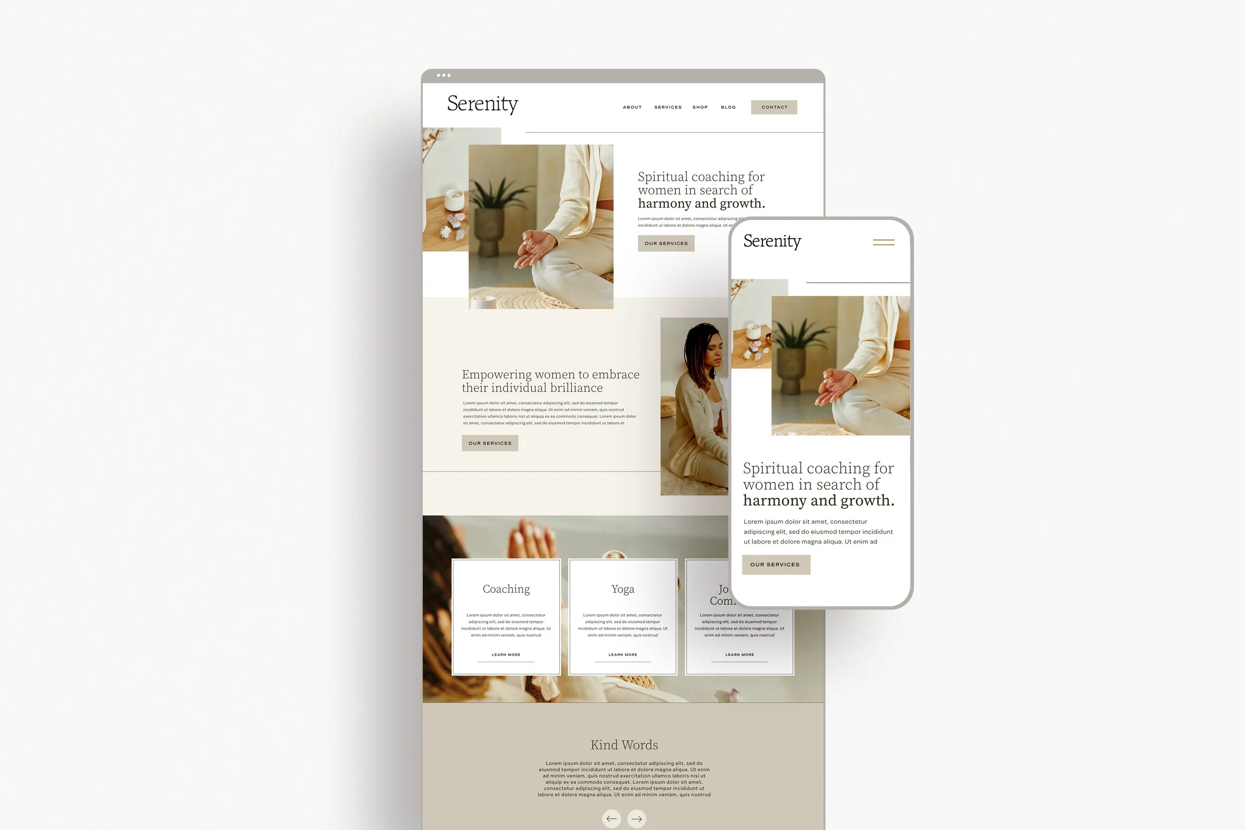 A website displayed on both desktop and mobile screens for 'Serenity', offering spiritual coaching for women. The site features images of women meditating and relaxing, with sections about services like coaching and yoga, and a clean, minimalist design with neutral colors.
