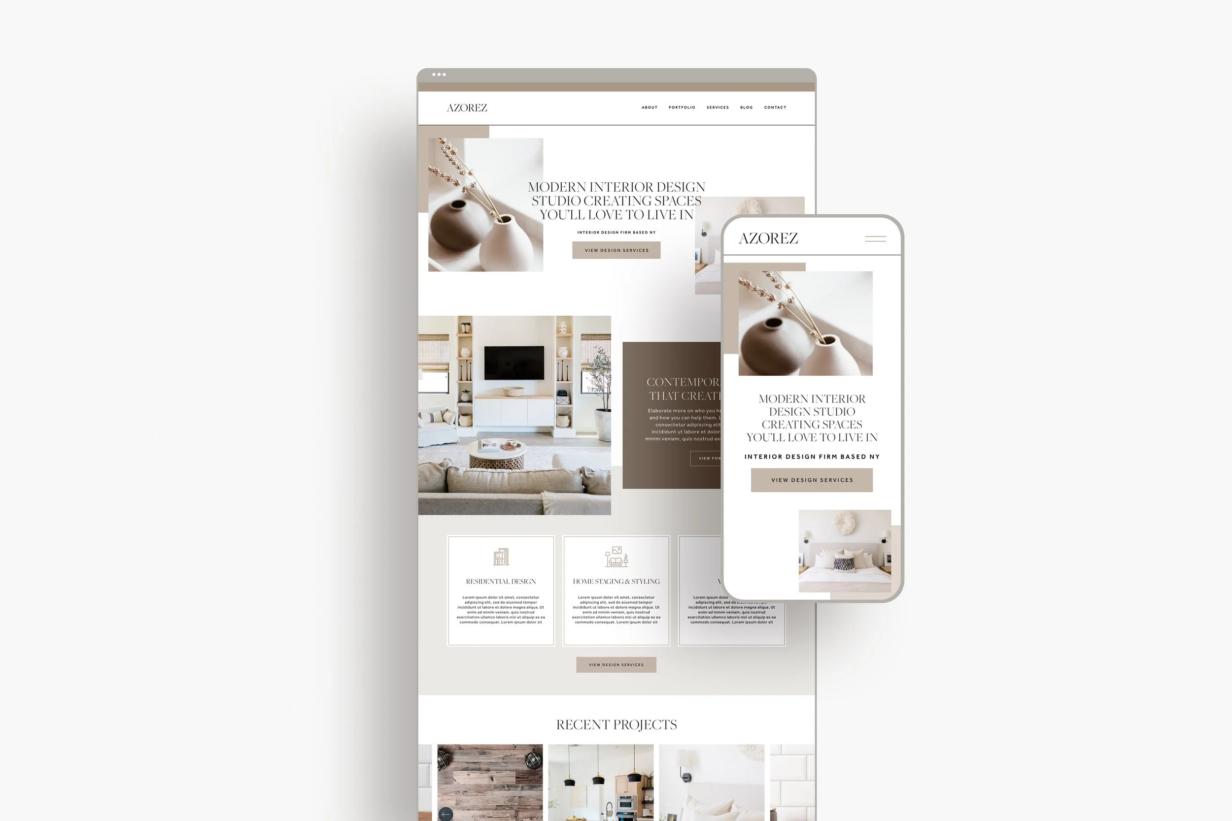 A website homepage on a desktop and mobile device displaying interior design services with images of rooms and decor in neutral tones.