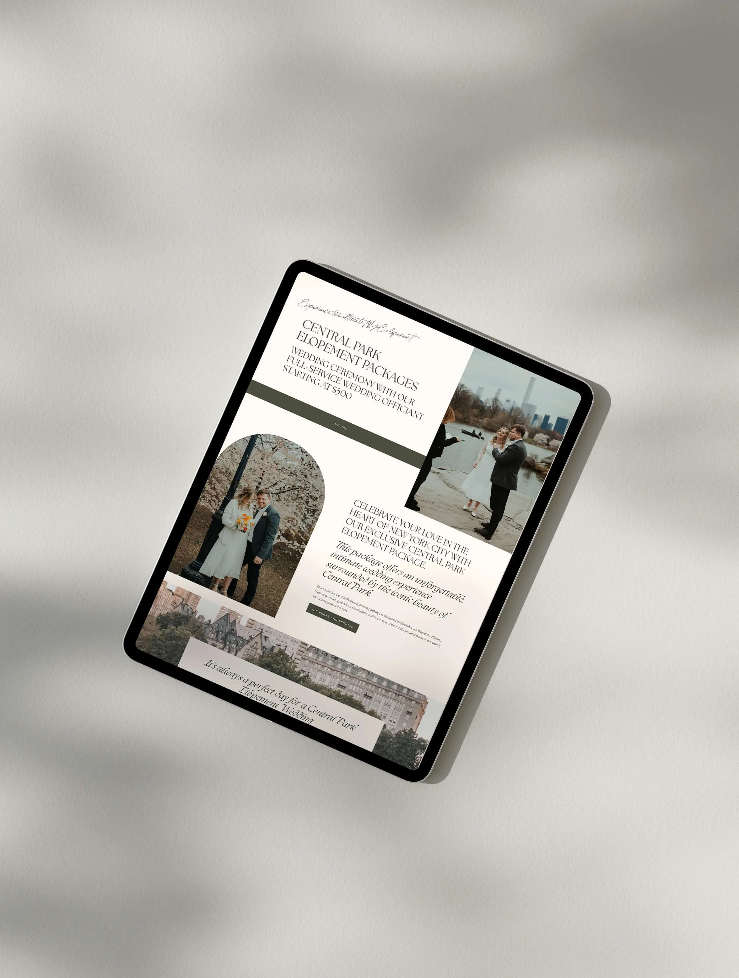 Tablet displaying wedding packages advertisement for Central Park arrangements, including images of couples and cityscape.