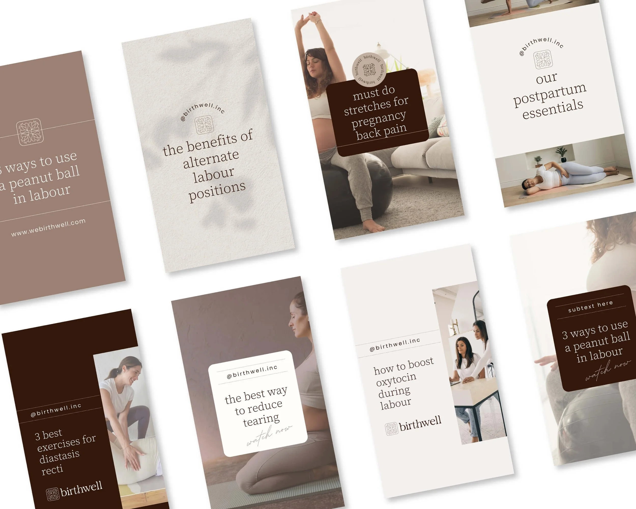A collection of social media posts from Birthwell.inc, featuring women practicing prenatal yoga, exercise tips, postpartum essentials, and advice for labor and pregnancy back pain.