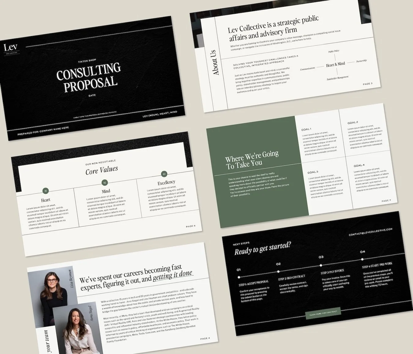 Collection of five professional presentation slides for a consulting firm, including a consulting proposal cover, about us, core values, project roadmap, and a team introduction with photos.