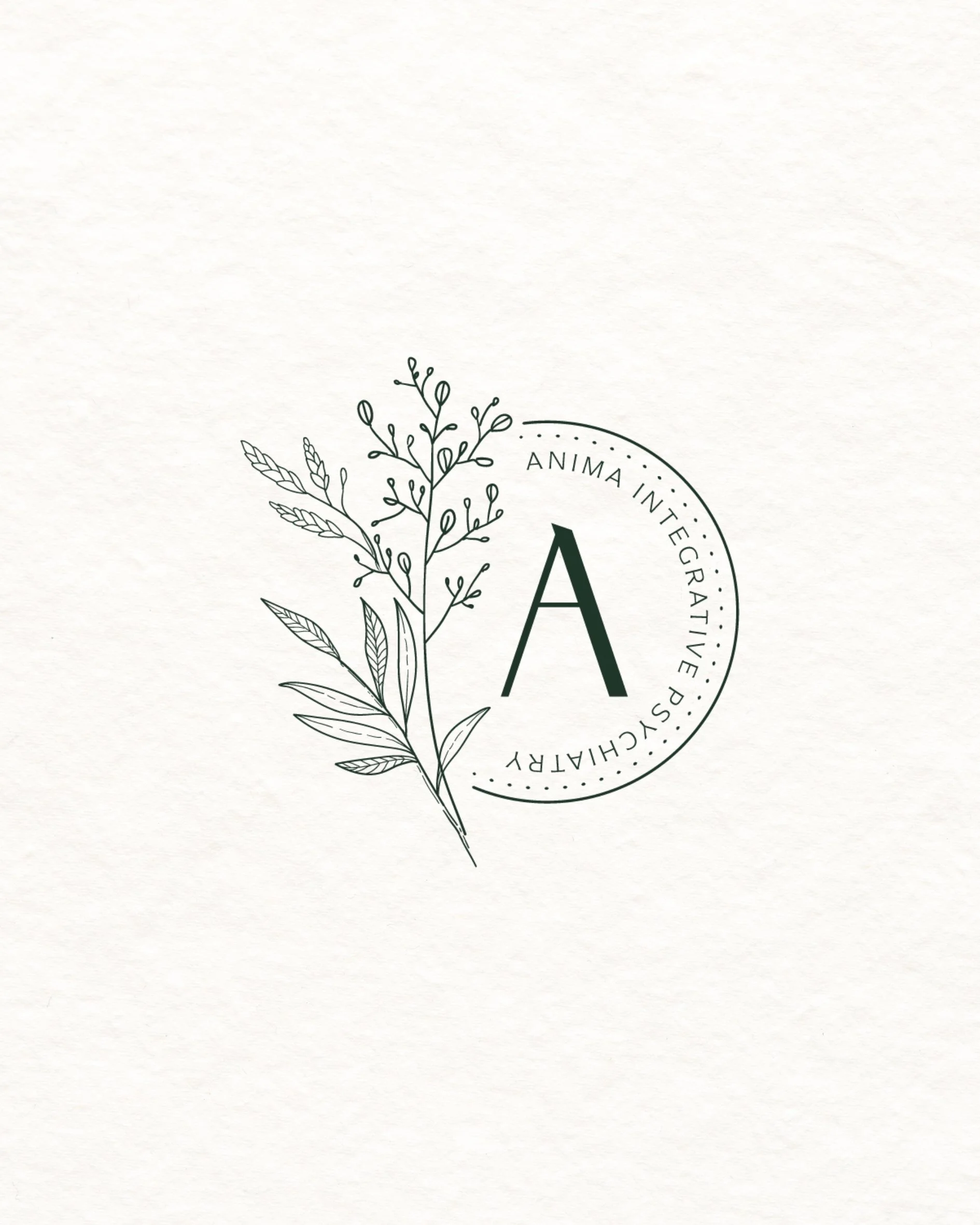 Minimalist logo with a botanical illustration and the letter A, surrounded by the words 'Animal Integrative Psy' and 'Sculpitary'.