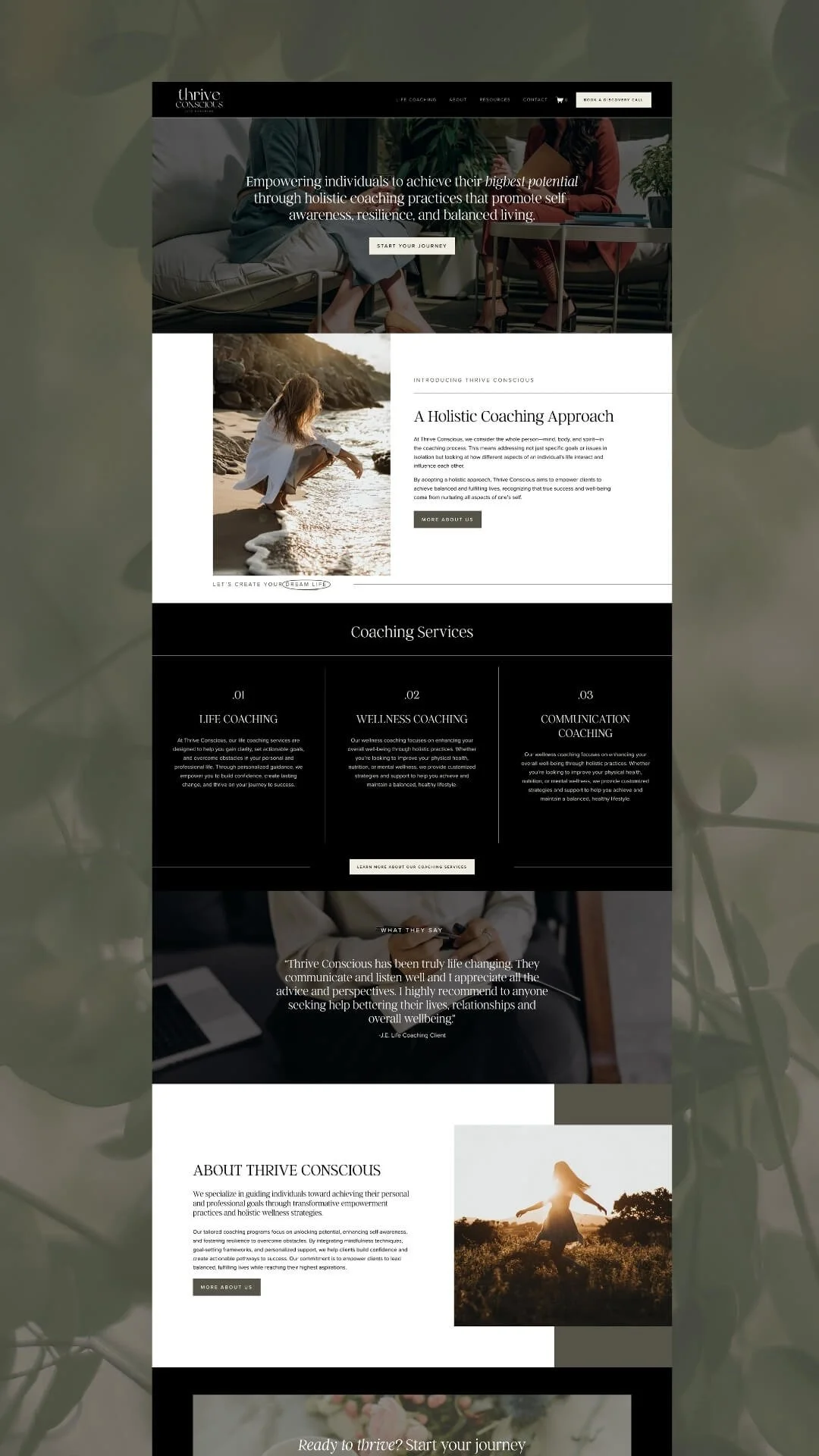 Screenshot of Thrive Conscious coaching website featuring images of people in nature and counseling settings, with sections on coaching services, client testimonials, and about us.