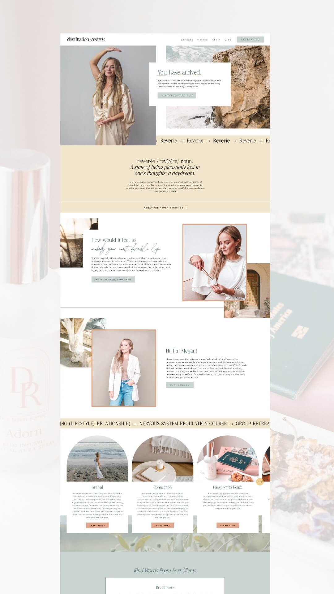 Webpage screenshot of a wellness or retreat service site featuring a woman with long blonde hair and a white blazer, various sections about the service, and images related to travel and relaxation.