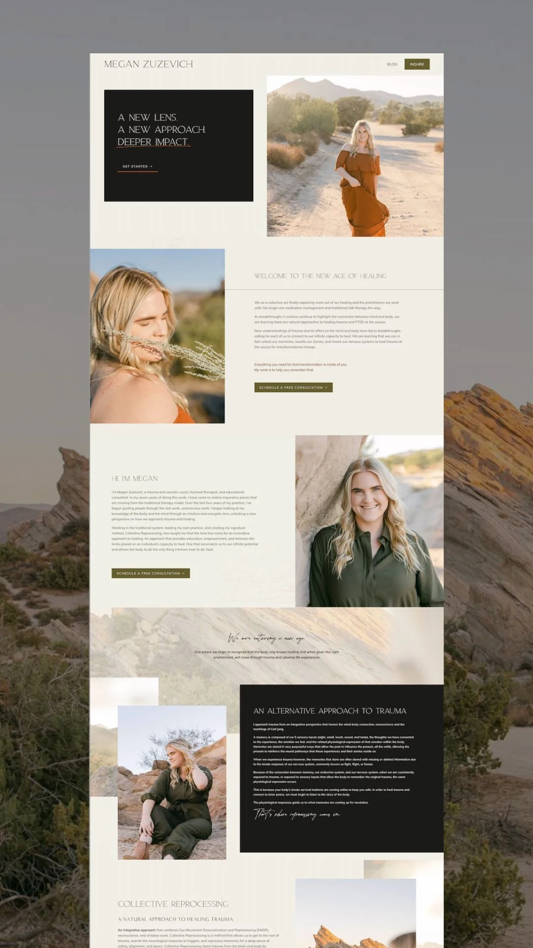 A webpage layout for Megan Zuzovich, featuring images of a woman in nature, with sections about healing trauma and alternative approaches, including text and buttons for scheduling consultations.