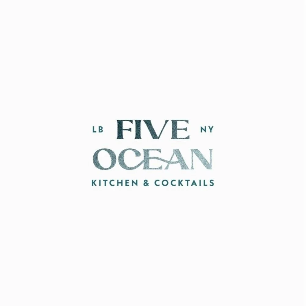 Logo for Five Ocean Kitchen & Cocktails with text LB NY and a light background