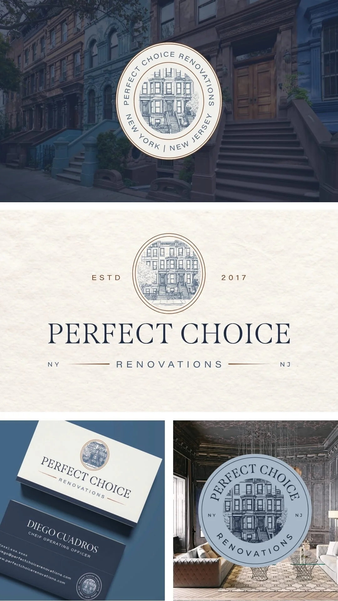 A branding set for Perfect Choice Renovations, showing logos and business cards with illustrations of buildings, focusing on home renovations in New York and New Jersey.