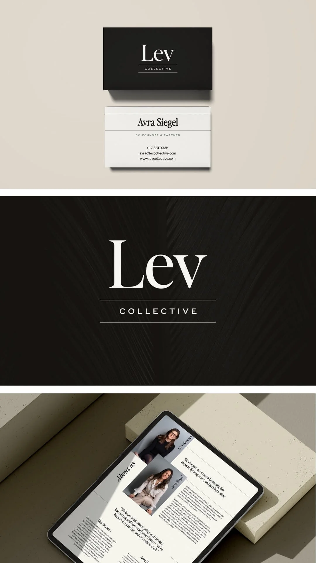 Two business cards, one black with white text and one white with black text, along with a tablet displaying an 'About Us' webpage featuring photos and biographies of two women. The branding 'Lev Collective' is prominent.
