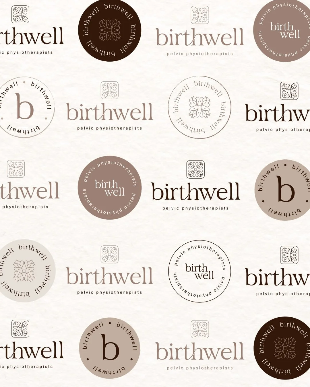 A repeating pattern of logos and text for Birthwell pelvic physiotherapists, including circular and rectangular designs with the words "birth well" and "b" in various styles and colors, on a light background.