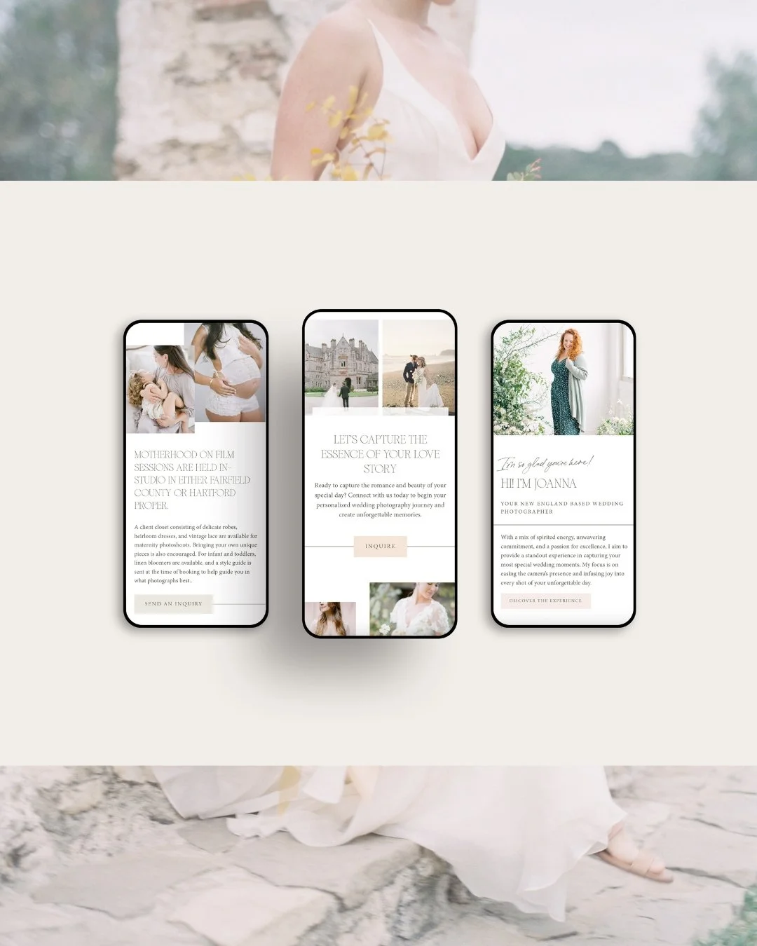 Three mobile phones displaying wedding photography and planning services, with images of brides, castles, and bridesmaids, on a light background.