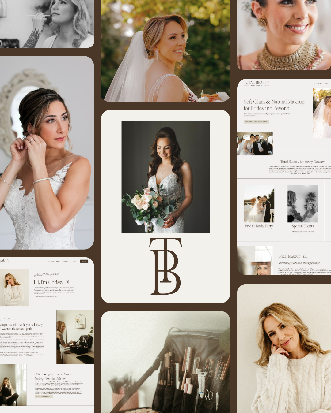 Collage of wedding and beauty photos including brides, makeup artist, makeup tools, and a jewelry display, with a central logo 'T B' and website screenshots for a bridal makeup service.