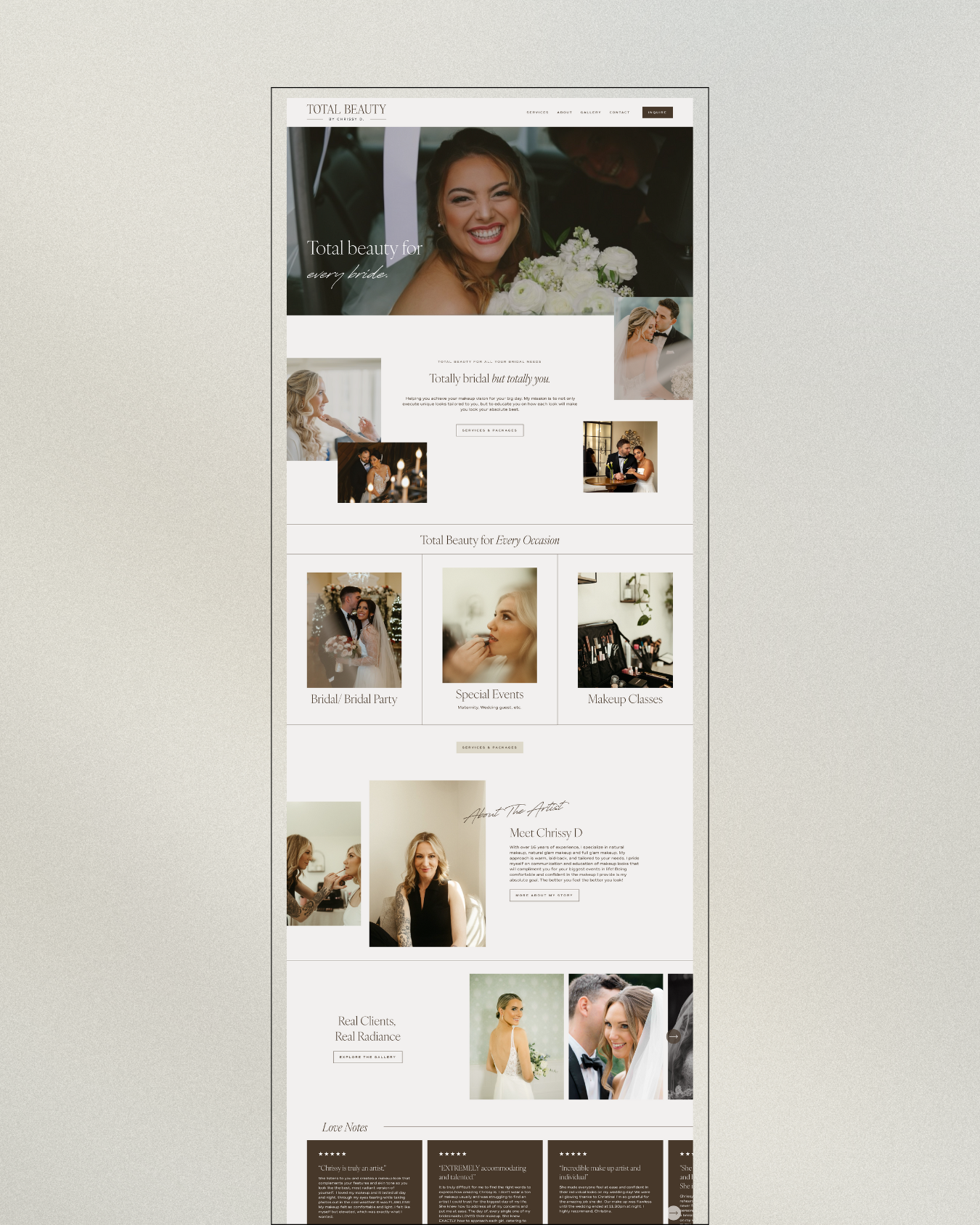 Screenshot of a beauty salon website featuring images of women, makeup tools, and couples, with sections about services, artist, clients, and reviews.