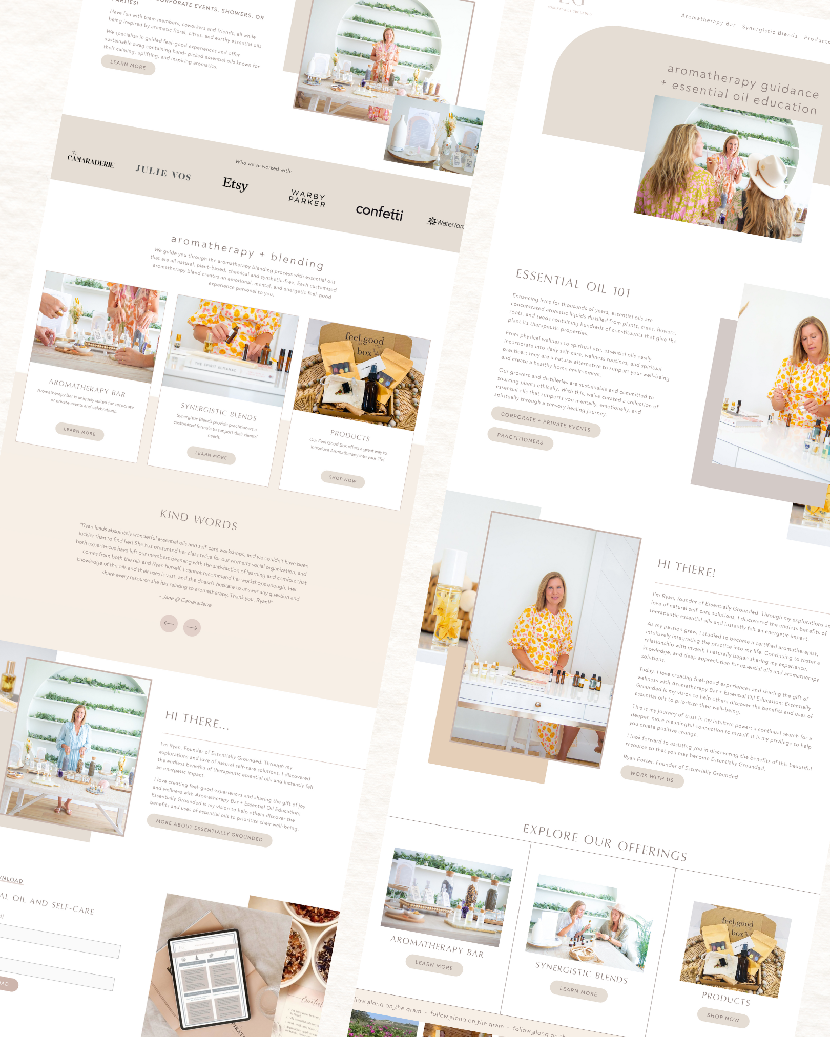 A website layout for an aromatherapy business featuring photos of the founder, essential oil products, and aromatherapy education, with sections about products, blending guides, and custom offerings.