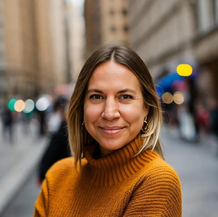 A woman with shoulder-length blonde hair, wearing a mustard-colored turtleneck sweater, standing on an urban street with blurred buildings and lights in the background.