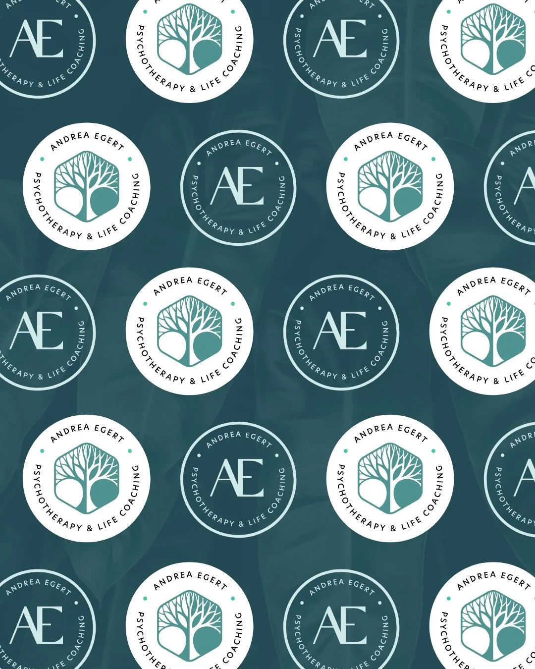 Pattern of circular logos for Andrea Egert Psychotherapy & Life Coaching, featuring leafless tree icons and the initials AE on a teal background.