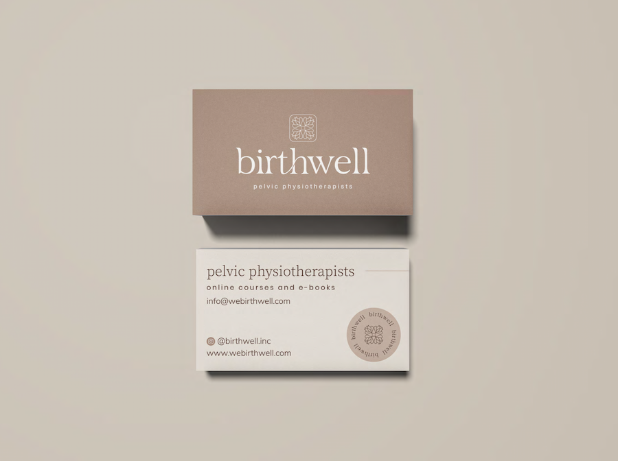 Business cards for Birthwell pelvic physiotherapists with the logo and contact information.