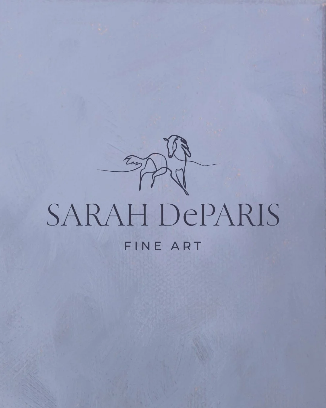 Logo of Sarah DeParis Fine Art with a line drawing of a horse on a light purple background.