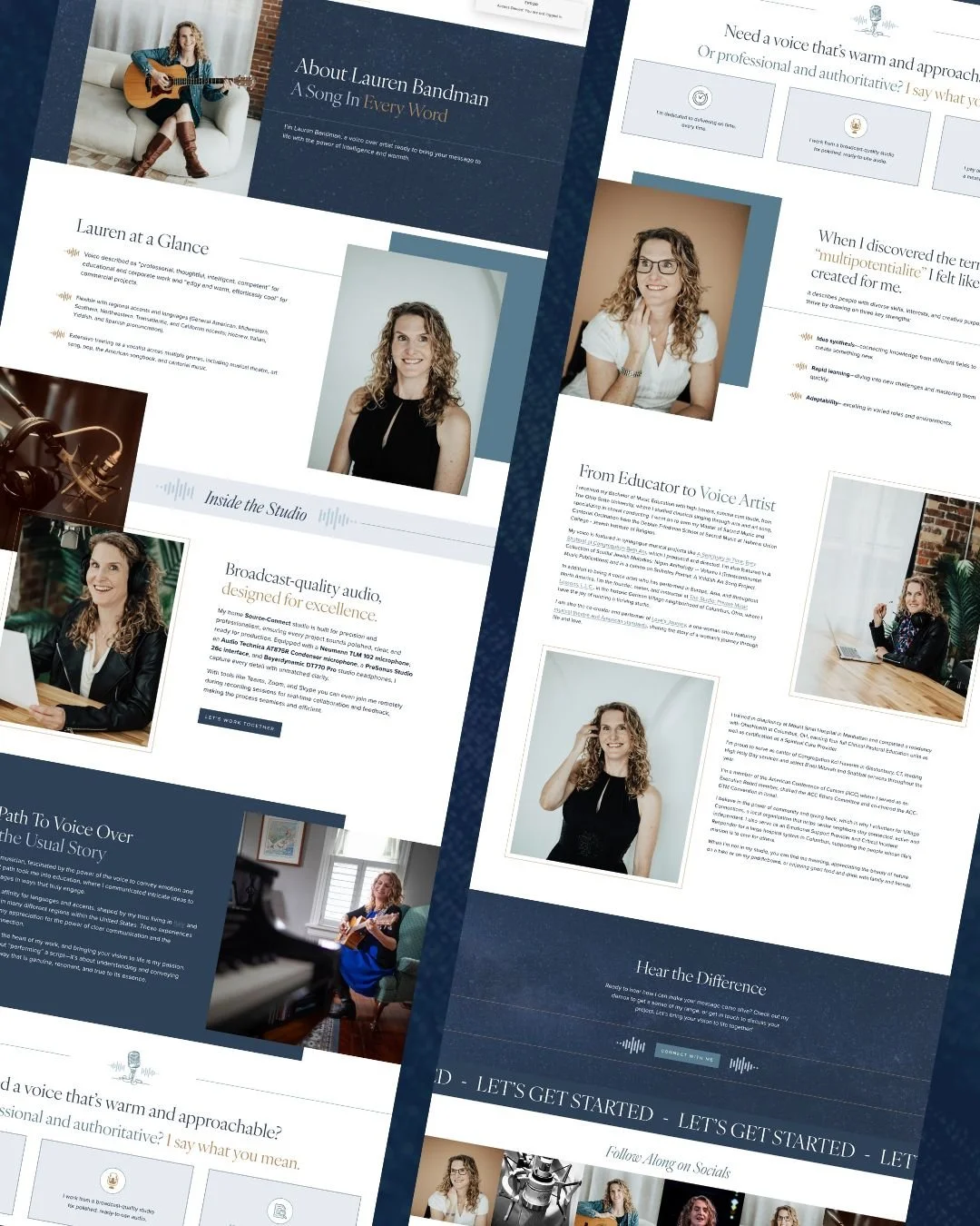 A digital layout of a personal website or portfolio for Lauren Bandman, a voice artist. The layout features multiple photos of Lauren, text sections about her background, voice coaching, and broadcasting work, as well as sections about her voice style and industry experience. The design uses a mix of blue, white, and beige colors with professional photos of Lauren playing guitar, sitting at a desk, and talking on the phone.