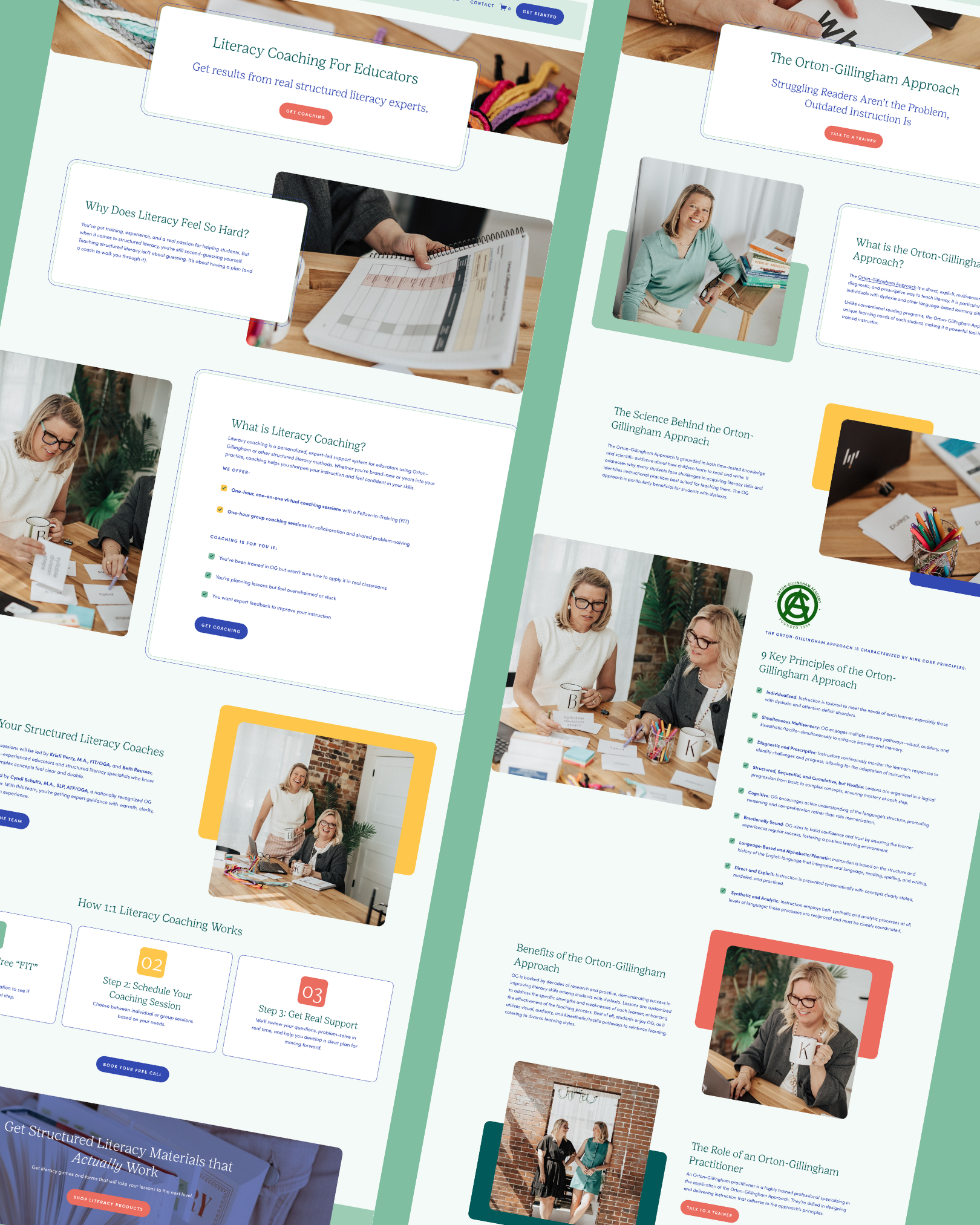 Screenshots of a website about literacy coaching and the Orton-Gillingham approach, featuring images of women working with educational materials and engaging in coaching sessions.