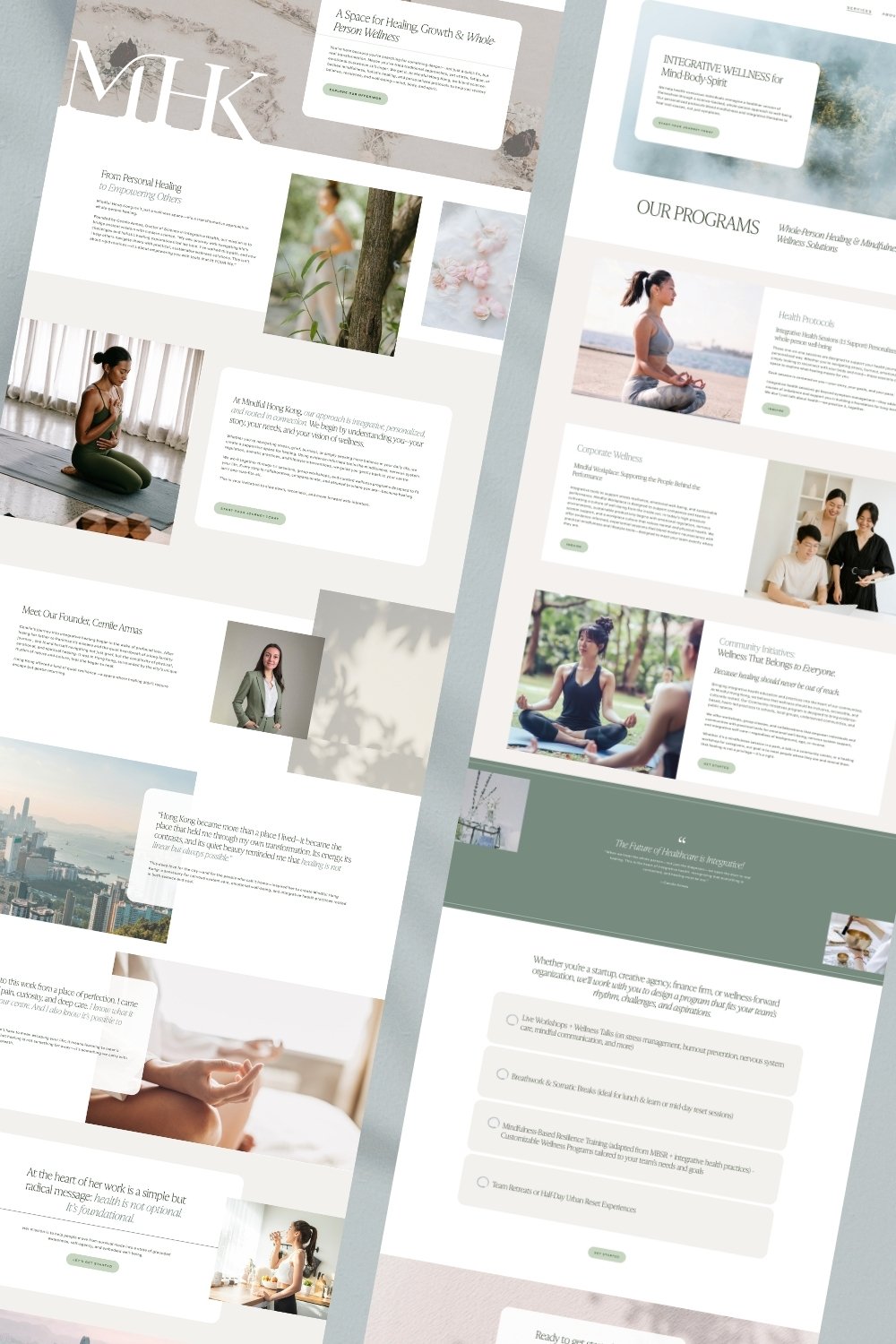 Website design for a wellness organization featuring sections on healing therapies, meditation, programs, and founder introduction, with images of meditation, nature, and a cityscape.