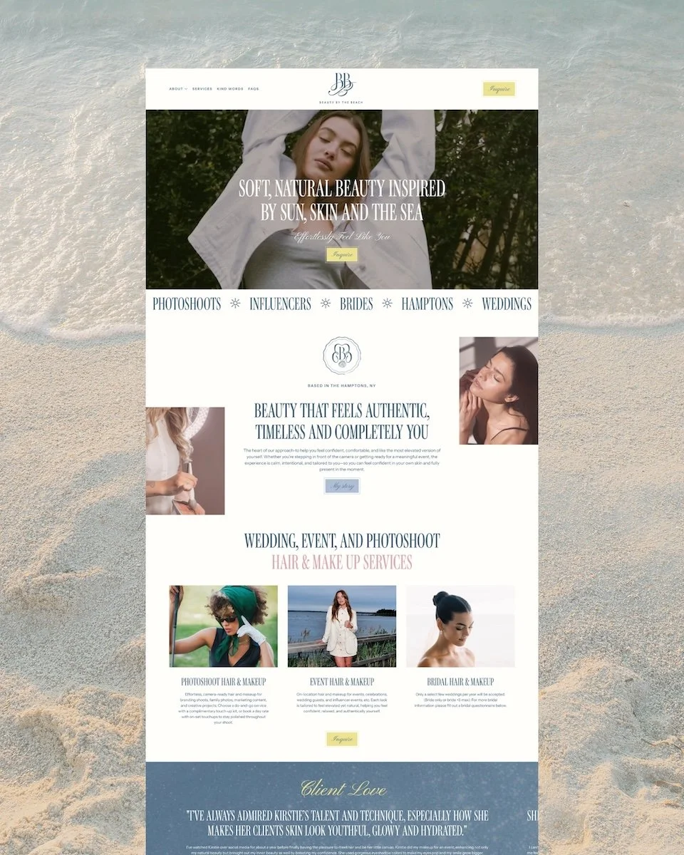 Website homepage for a beauty and makeup service called BB Beauty by the Beach featuring images of women, service categories like photoshoot, influencer, bride, Hampton, wedding, and promotional text about natural beauty and makeup services.