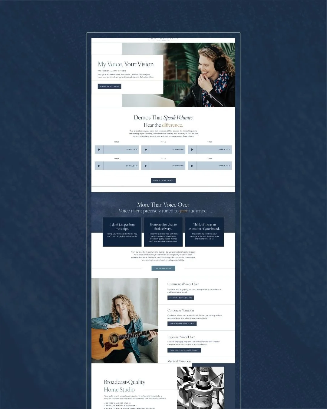 Screenshot of a voiceover studio website. The page features sections about voice talent, demos, and studio services, with images of a woman with curly hair playing guitar and equipment of a recording studio.