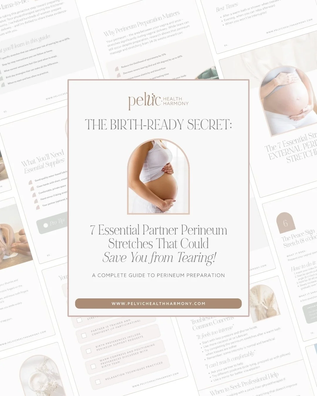 A guide cover titled 'The Birth-Ready Secret' featuring a pregnant woman holding her belly and text about essential partner perineum stretches to prevent tearing, along with website information.