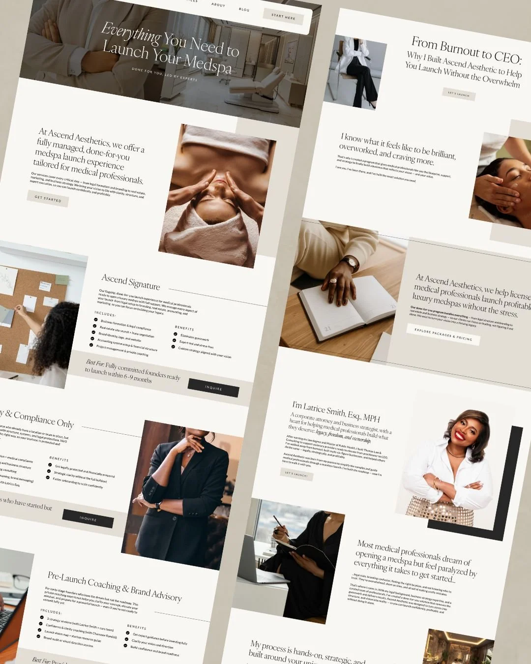 Website homepage for Ascend Aesthetics, a medspa specializing in launching medical spa businesses, with images of professional women, massage, and office scenes.