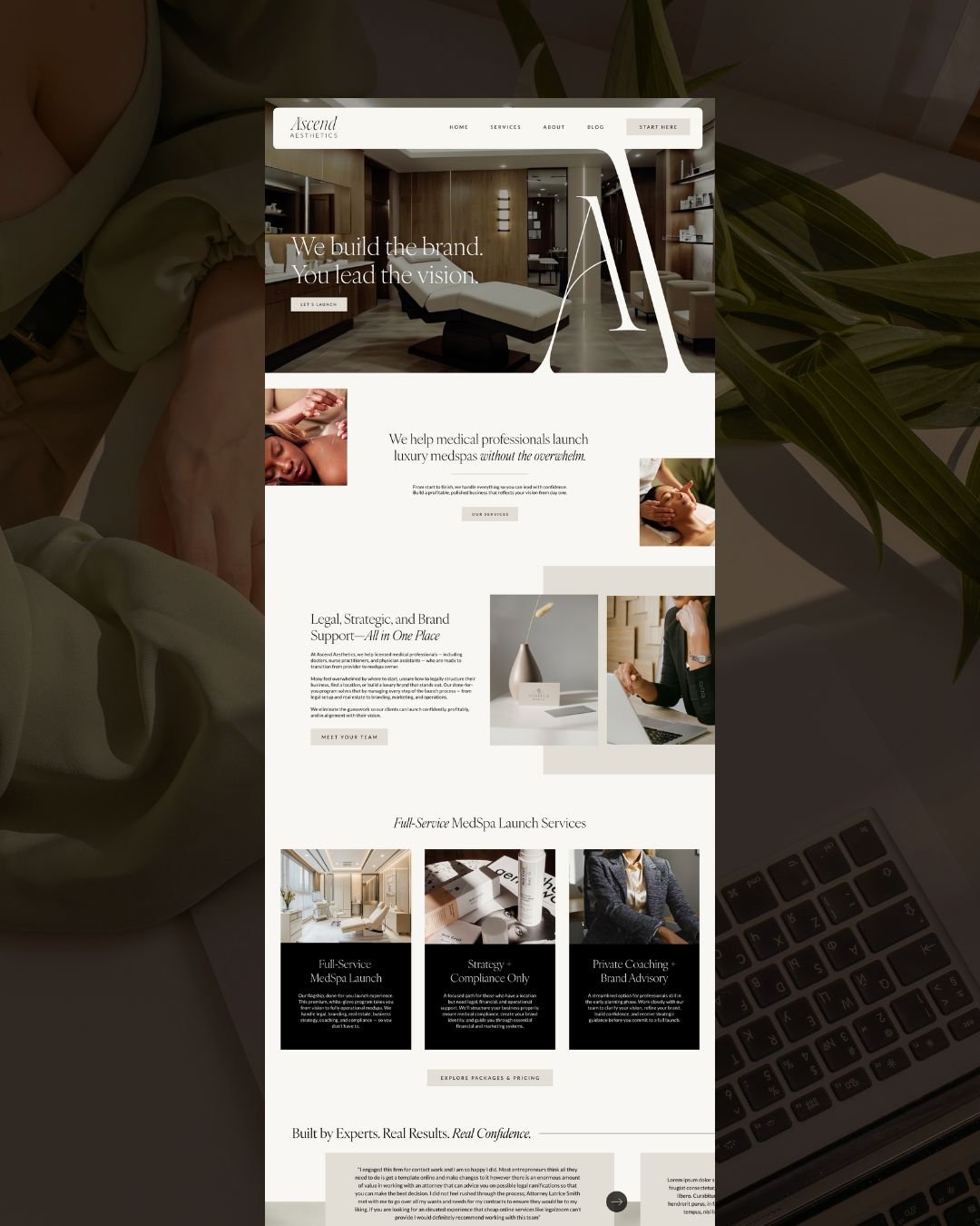 A website homepage for a medspa business named Ascend Aesthetics, featuring sections about their brand, services, and launch packages, with images of treatment rooms, products, and professional staff.