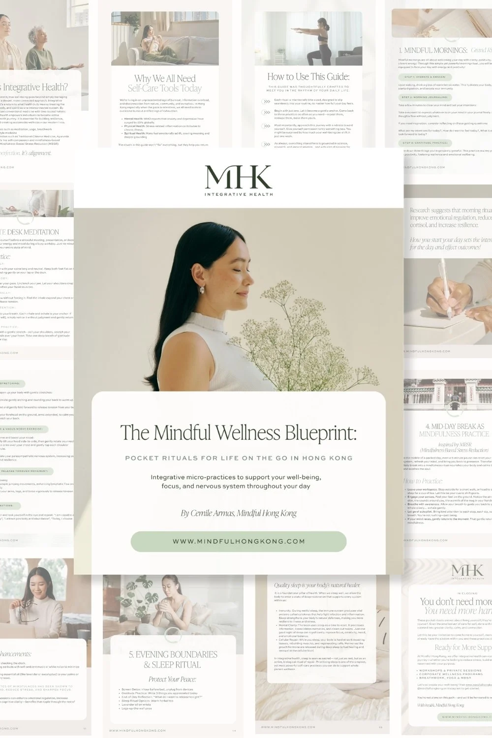 Smartphone on a white table displaying a webpage about understanding scaling and growing a business, with a photo of a woman wearing glasses and working on a laptop.