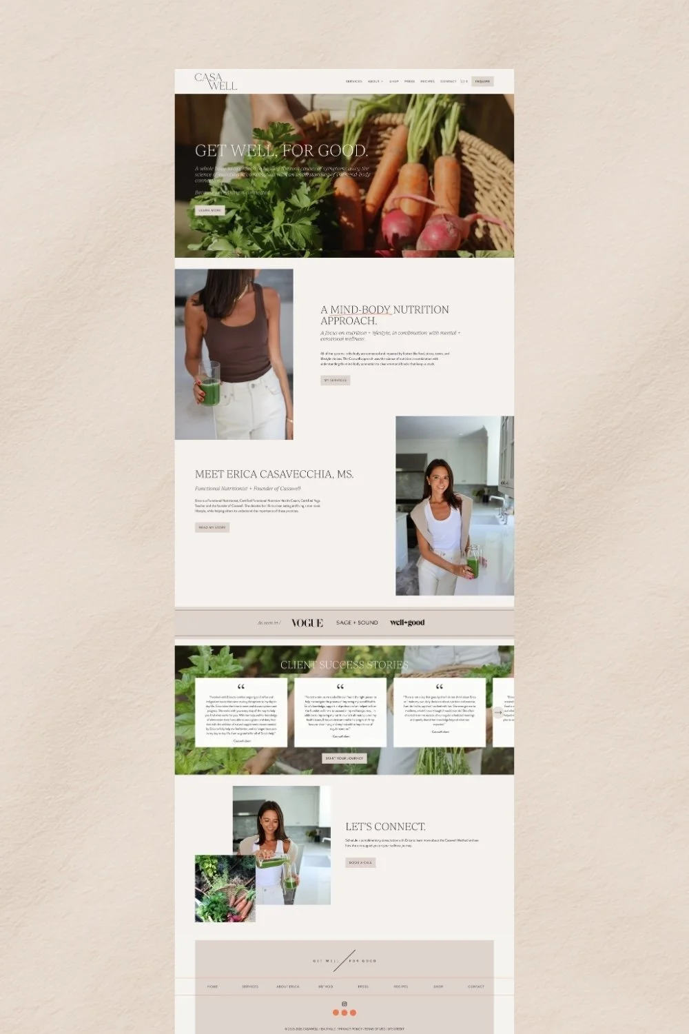 A webpage for Casa Well promoting health and nutrition, featuring images of fresh vegetables, a woman holding a green smoothie, and another woman smiling in a kitchen, with sections for client stories, contact, and about.