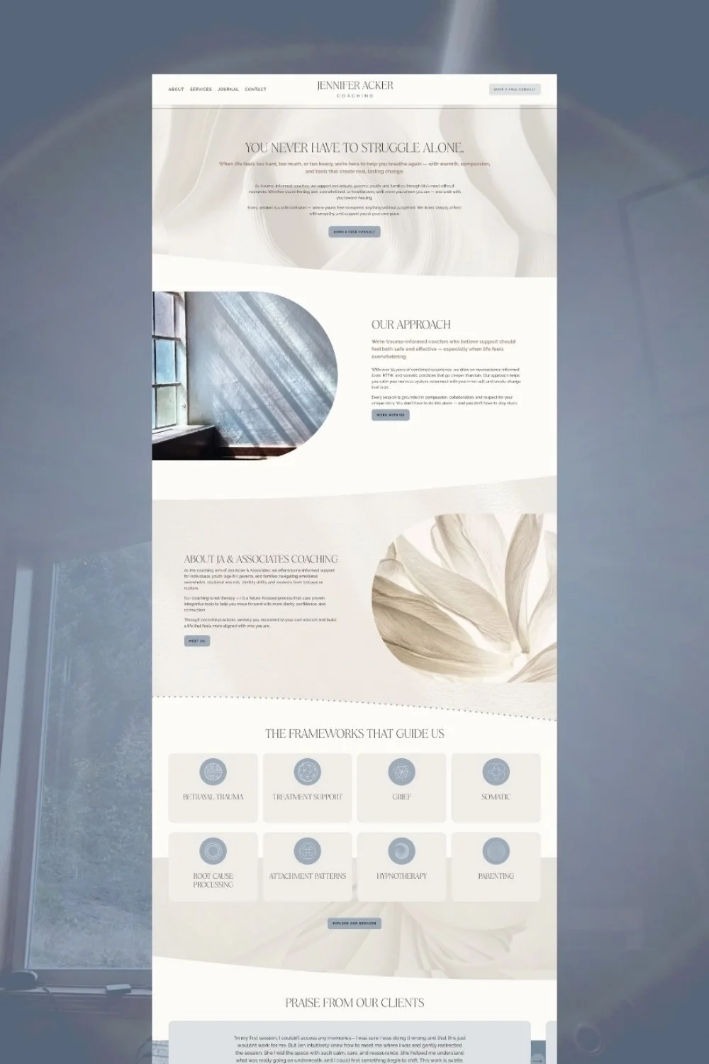 Screenshot of a coaching website for Jennifer Acker, featuring sections about services, approach, coaching philosophy, and frameworks, with a clean, minimal design and neutral color palette.